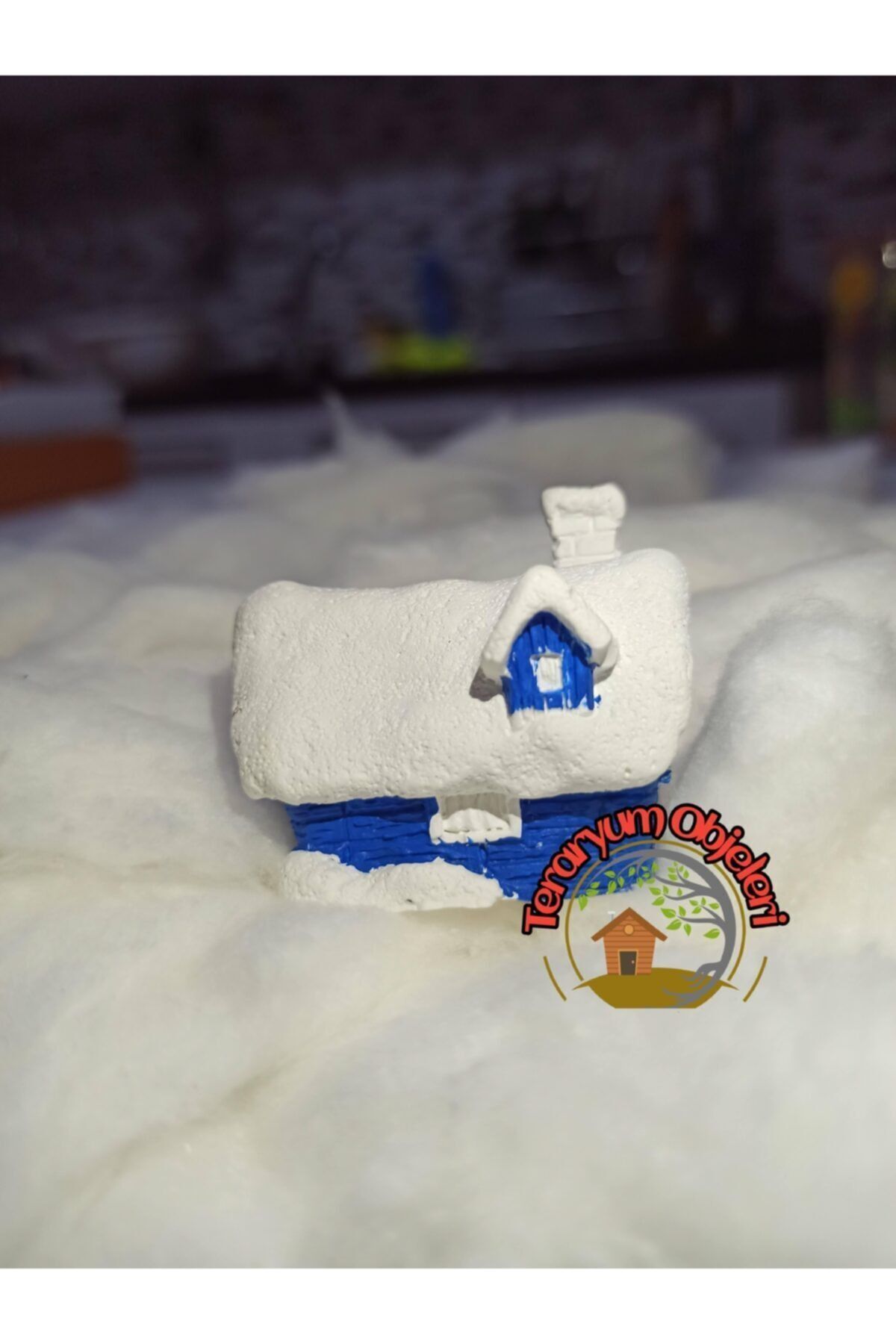 Mavi Karlı Ev Teraryum Obje Minyatür Obje Teraryum Diorama Malzemeleri