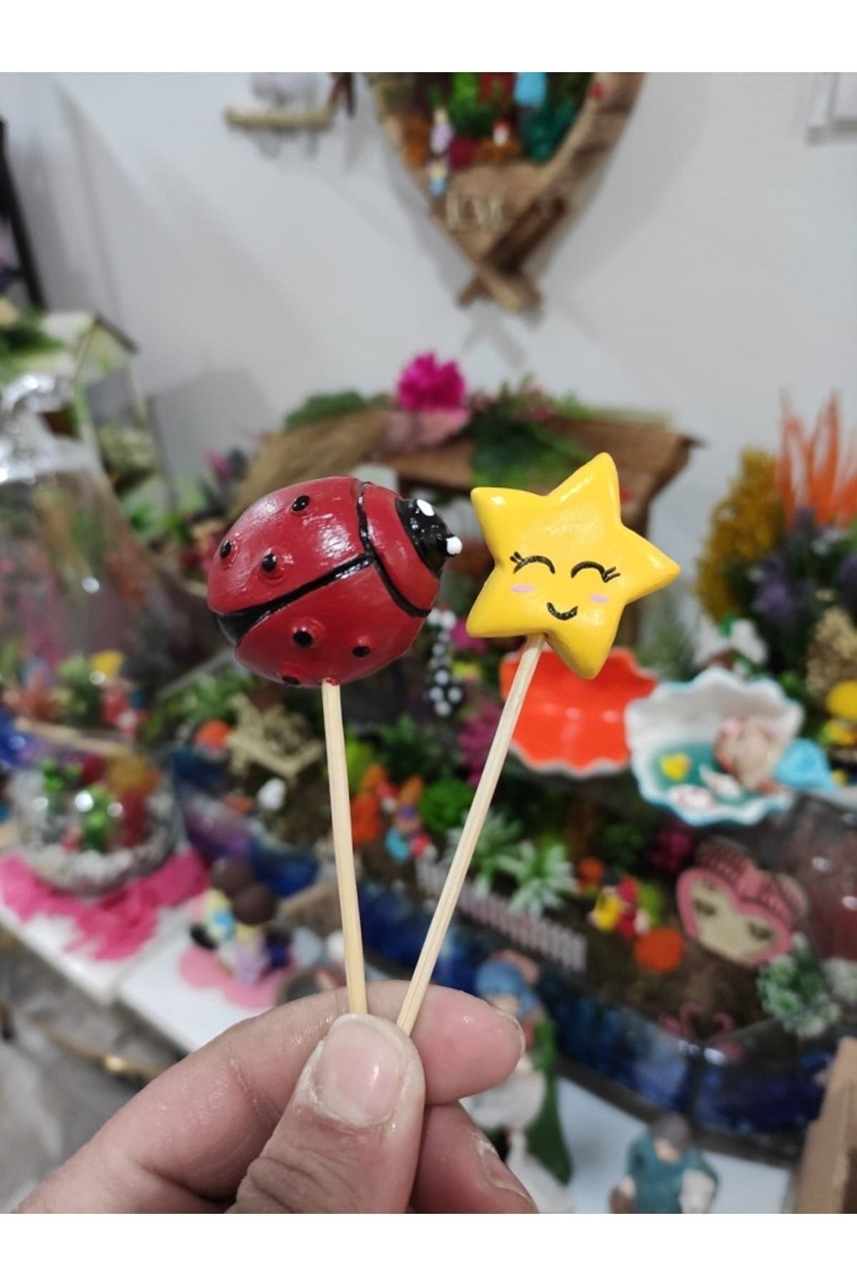 Uğur Böceği Ve Yıldız Maket Kürdanlı Cupcake Pasta Süsü Doğum Günü Süsleri Kürdan Süsü