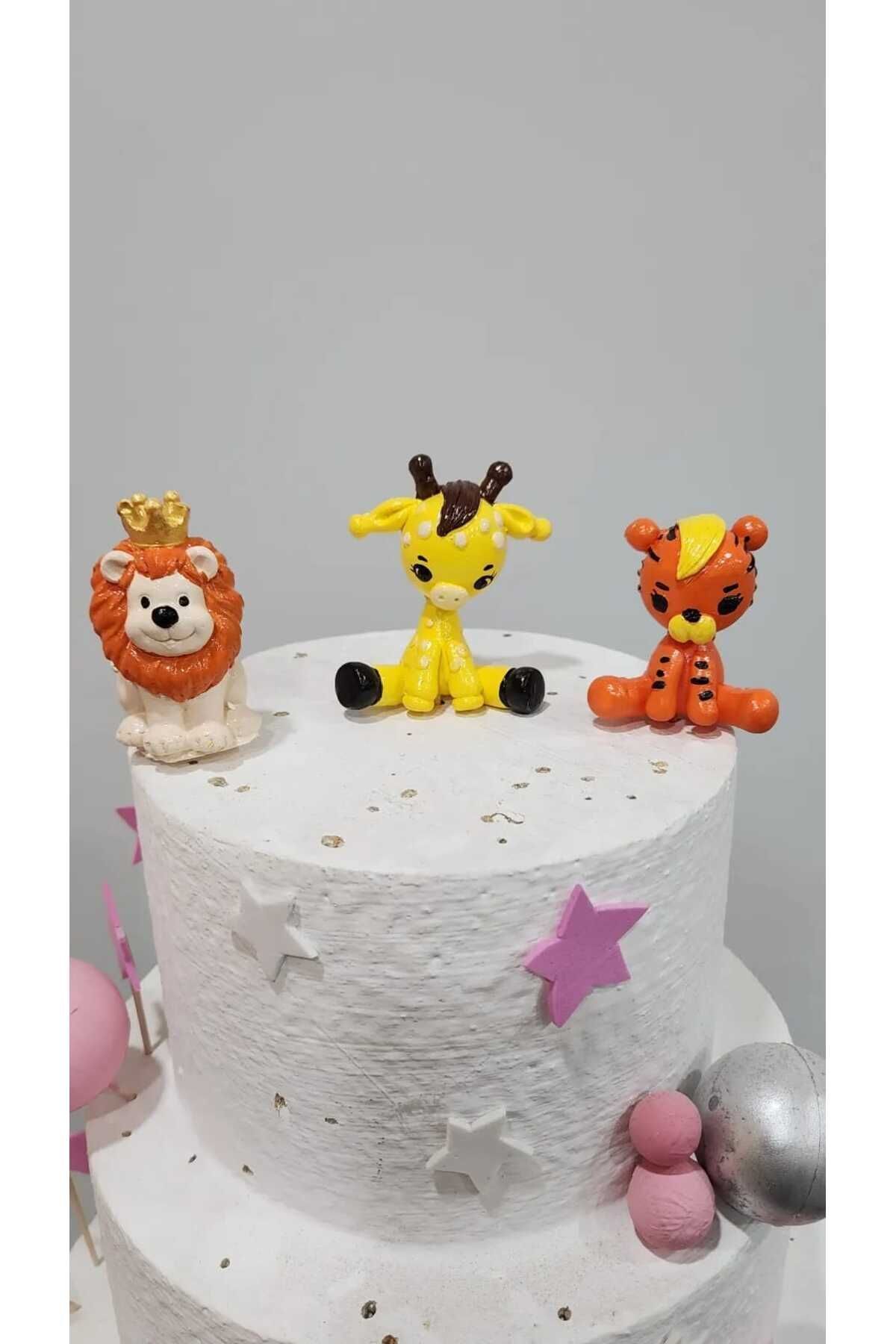 3'lü Safari Aslan Kaplan Zürafa Maket Kürdanlı Cupcake Pasta Süsü Doğum Günü Süsü Pasta Kürdanı Süsü