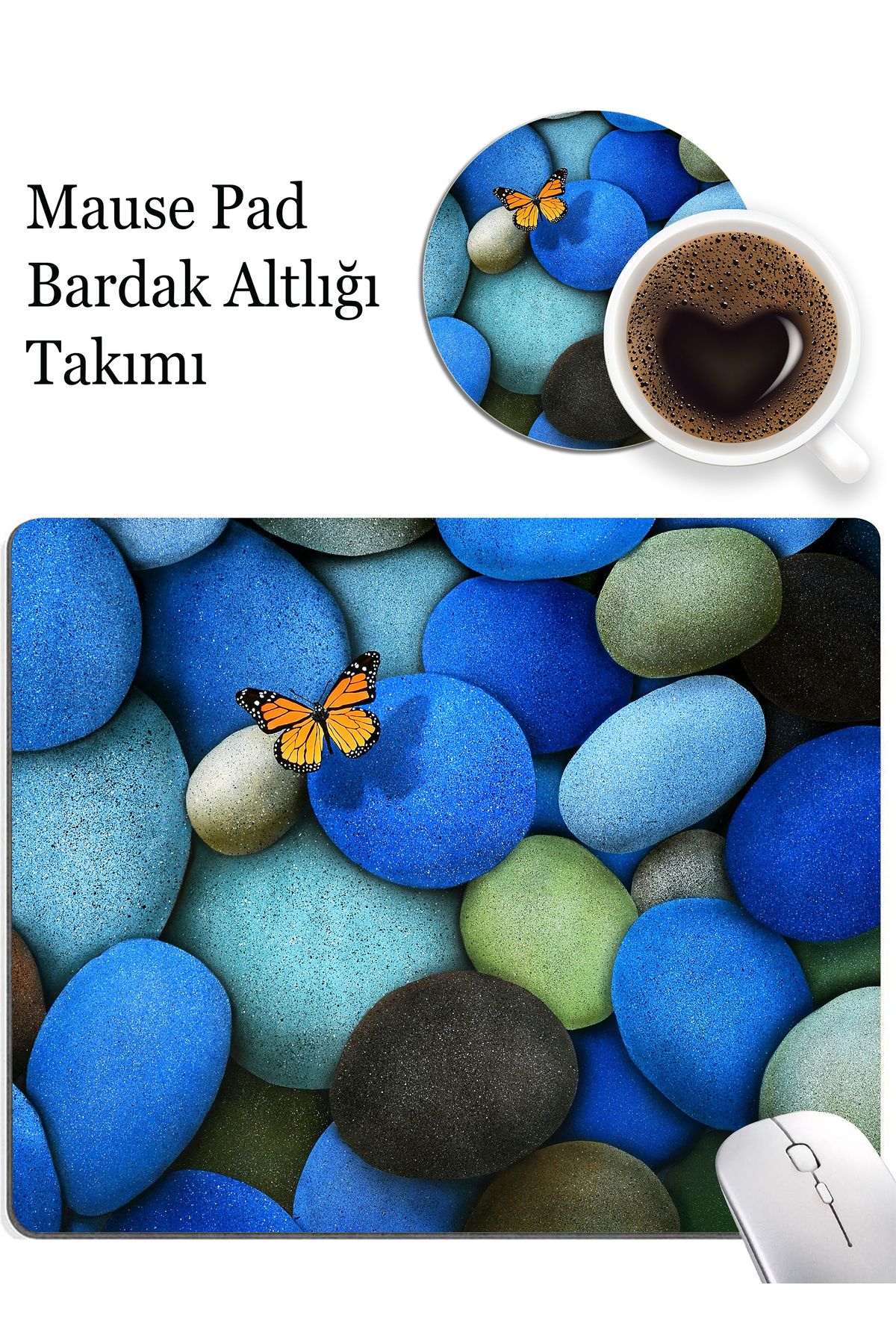 AsMat Paw-طقم وسادة ماوس وقاعدة أكواب على شكل فراشة منقوشة بالأحجار الزرقاء 2
