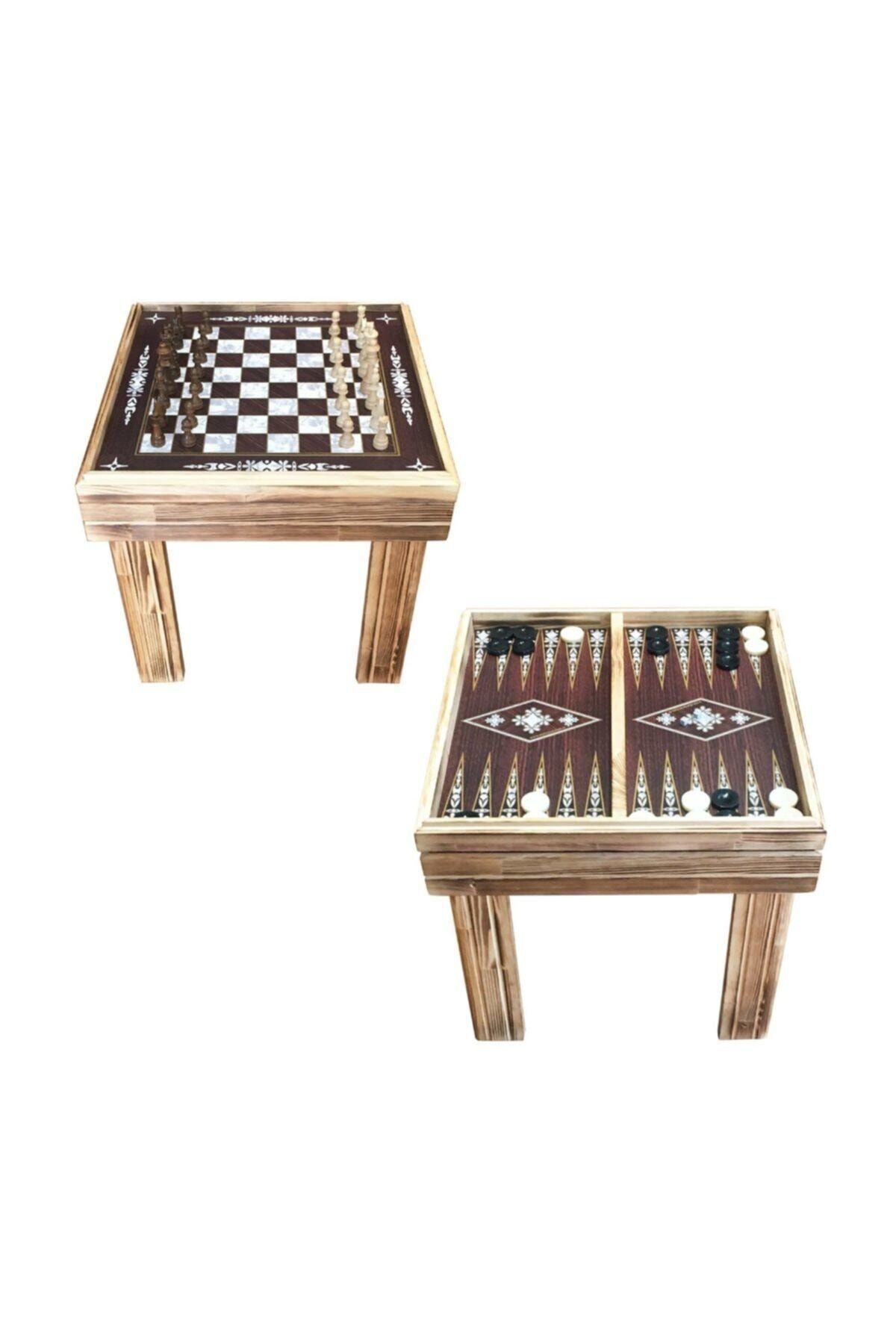 Star Oyun-Star Footed Walnut Backgammon and Chess Table Set 4