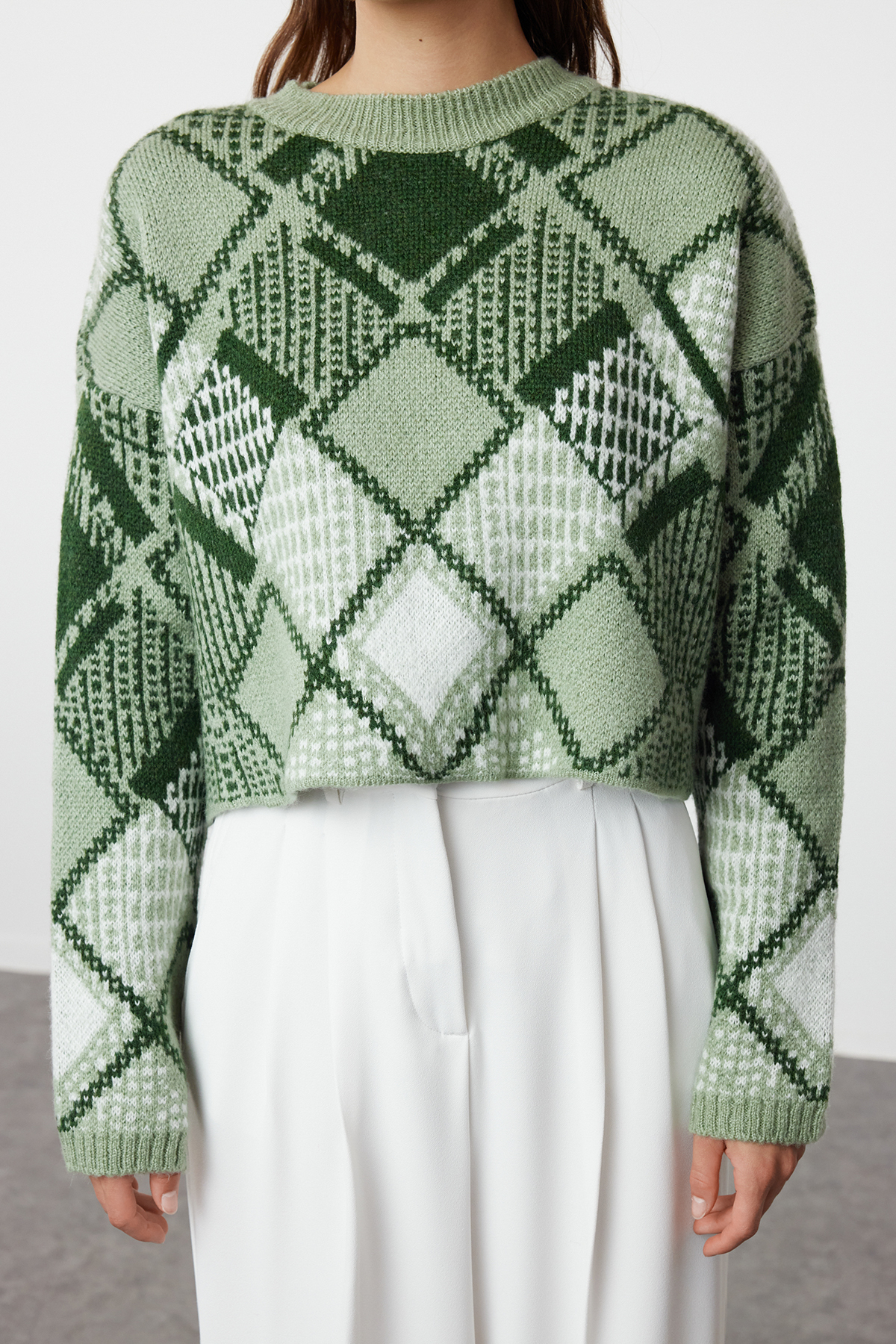 Trendyolmilla  Mint Geniş Kalıp Crop Baklava Desenli Triko Kazak TWOAW24KZ01126 - Görsel 4