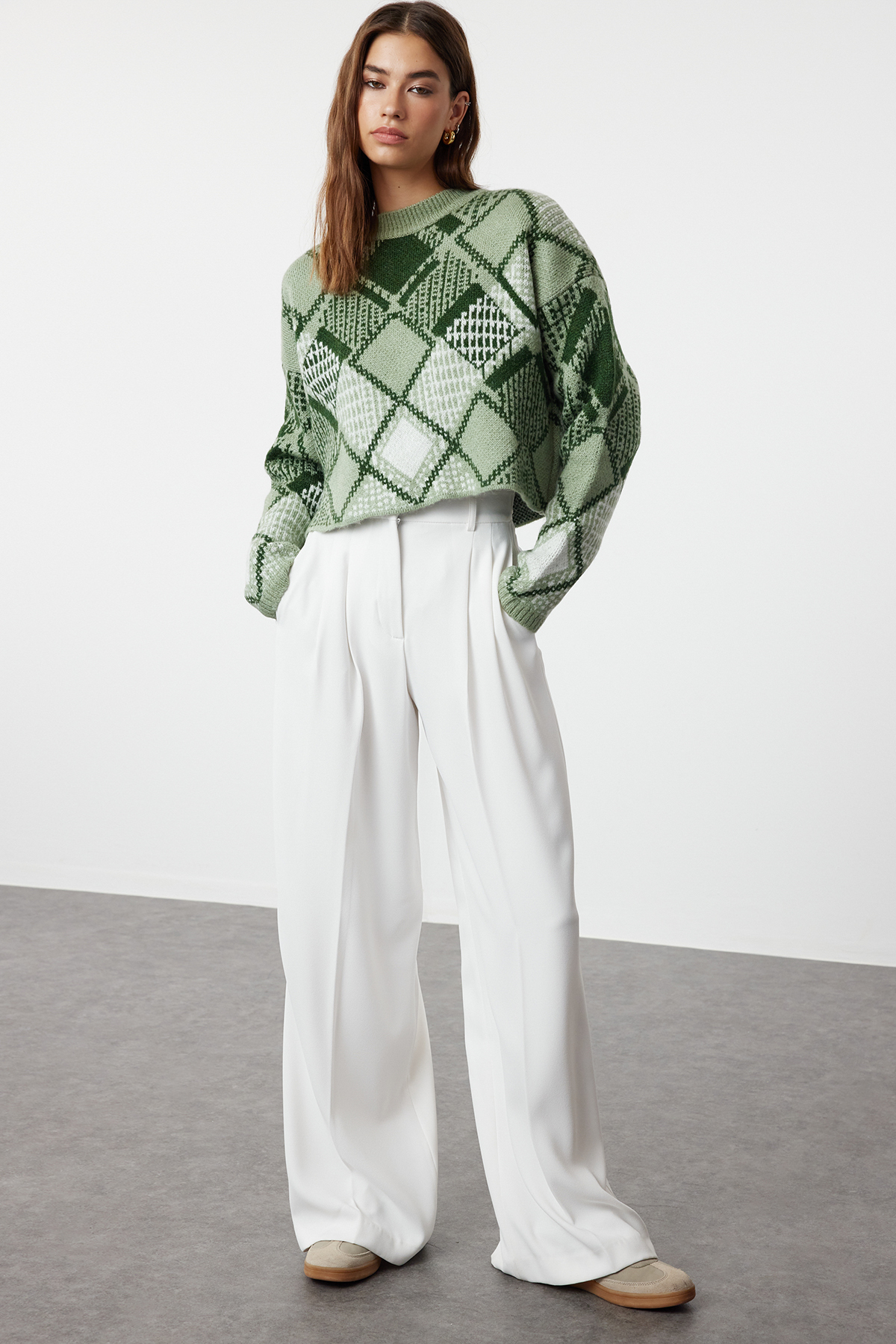 Trendyolmilla  Mint Geniş Kalıp Crop Baklava Desenli Triko Kazak TWOAW24KZ01126 - Görsel 2