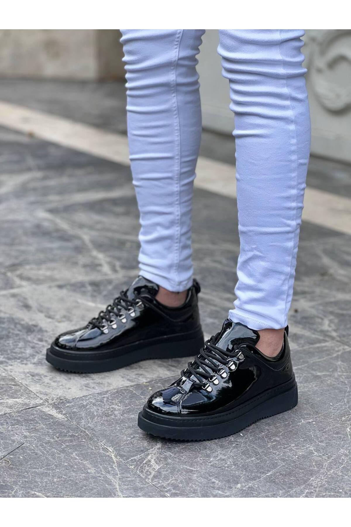 Black lyric spin lace shoe patent flat shoes cheap