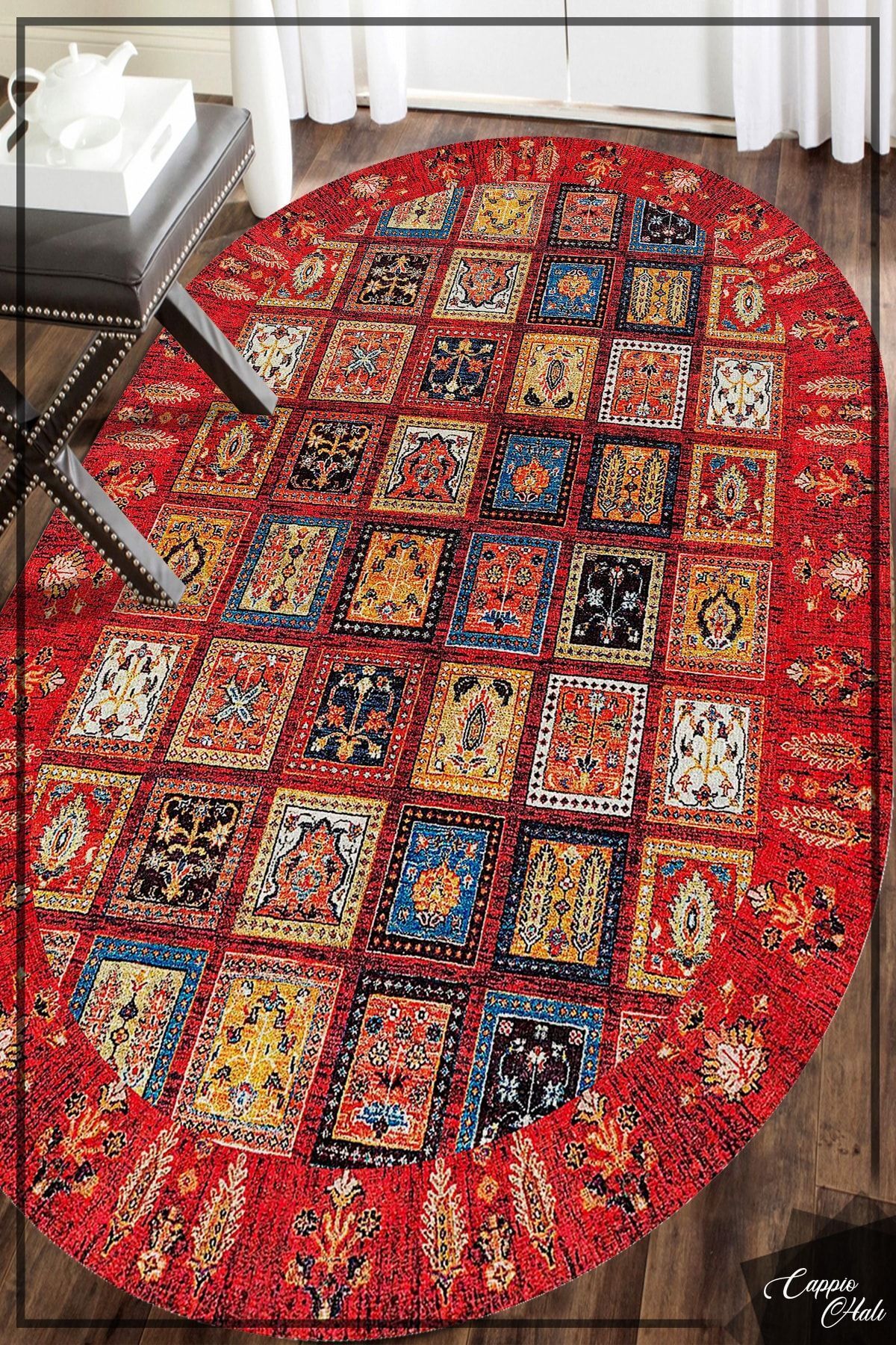 CAPPİO HALI-Red Afghan Patterned Oval Carpet (Non-Slip Leather Base Machine Washable) - Cp650 4