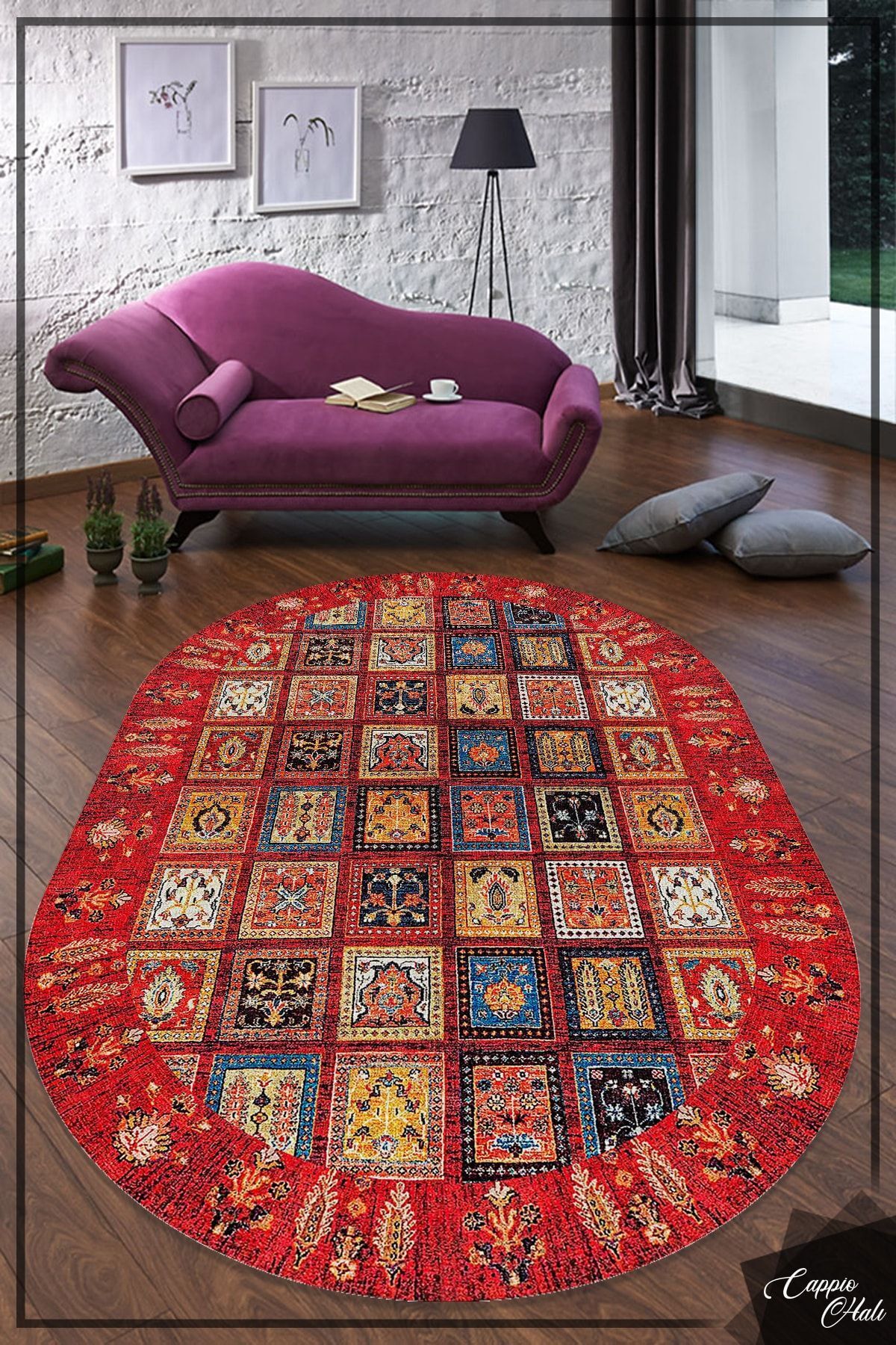 CAPPİO HALI-Red Afghan Patterned Oval Carpet (Non-Slip Leather Base Machine Washable) - Cp650 2