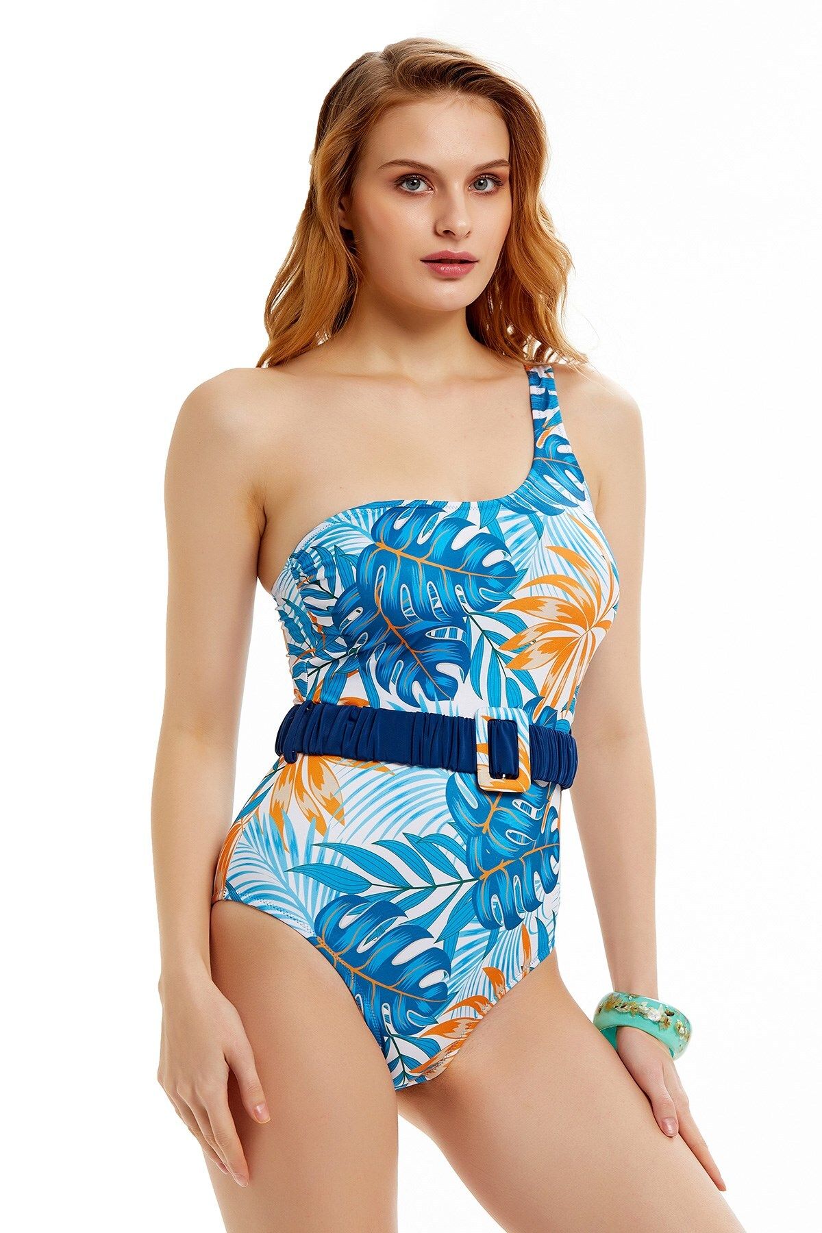 Argento-Leaf Patterned Single Shoulder Waist Belted Swimsuit 3