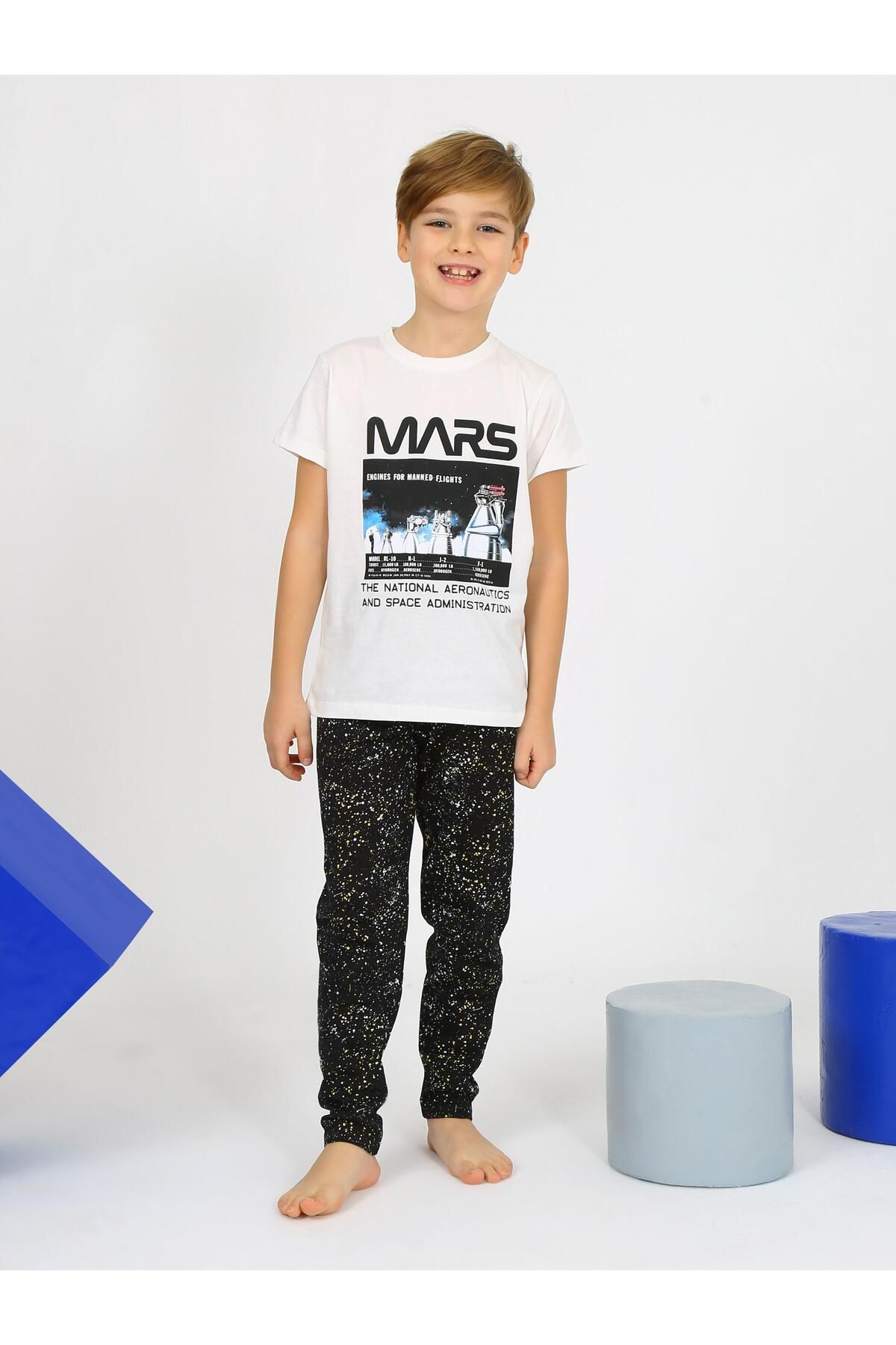 Erkek Çocuk Kısa Kollu %100 Pamuklu Mars Space Pijama Takımı