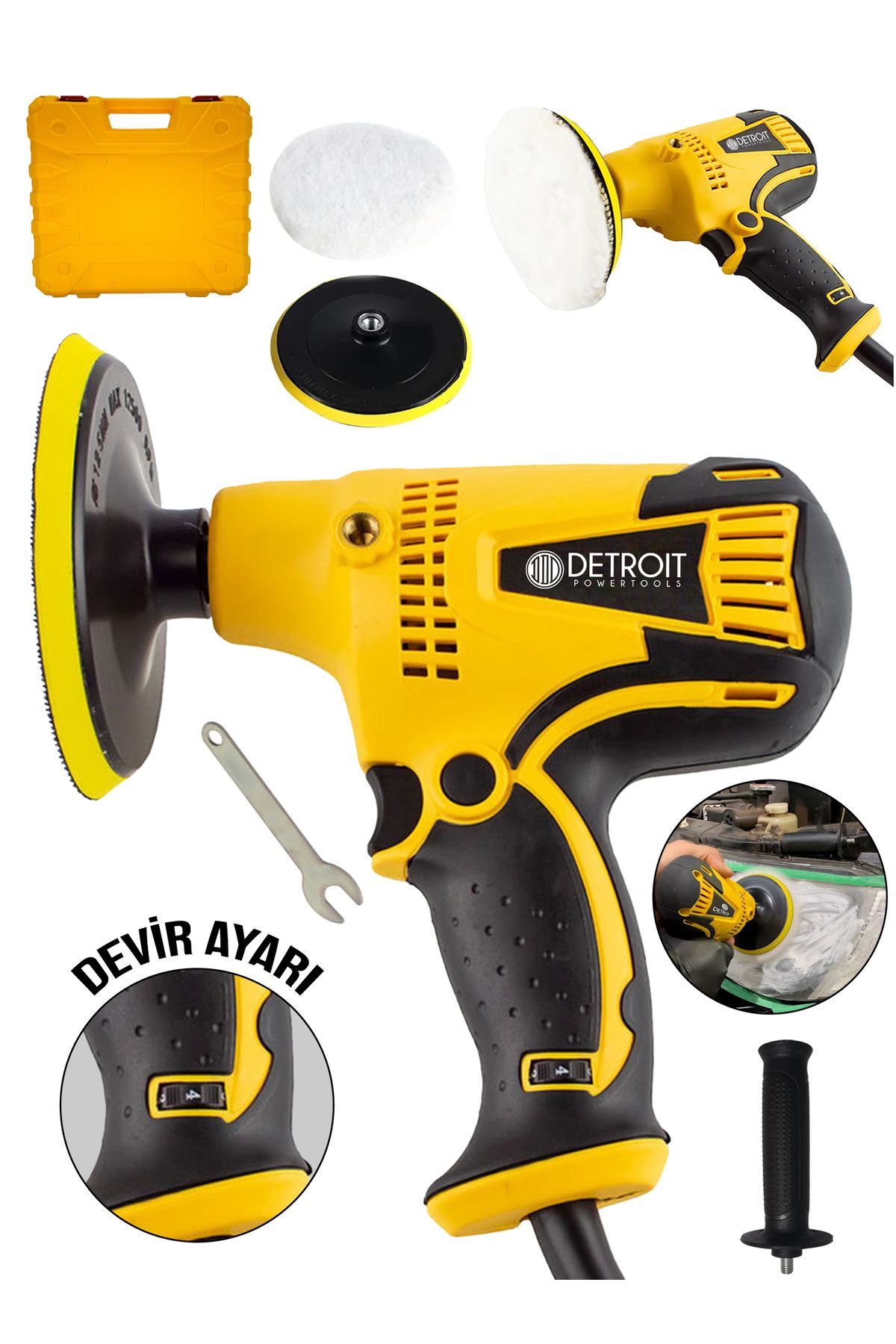DETROİT TOOLS Tam Profesyonel 6 Kademe Devir Ayarlı 125 Mm Zımpara Araba Pasta Cila Polisaj Makinesi-sarı