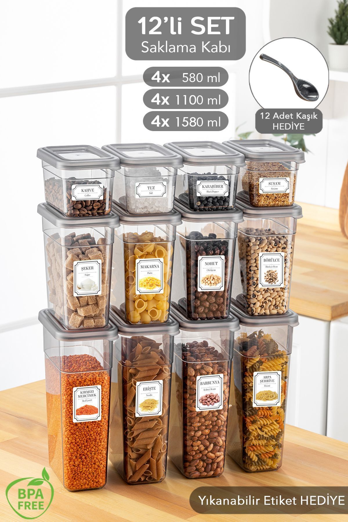 Meleni Home-12-Piece Spice Jar Storage Container Set with Label - Leak-Proof Lid, with Spoon - 4x(580 ml, 1100 ml, 1580 ml) 1