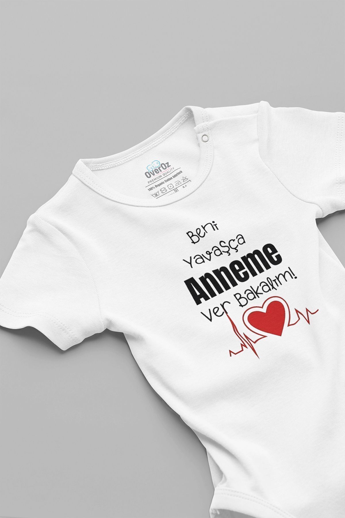 Organik %100 Pamuk Beni Yavaşça Anneme Ver Desenli Kısa Kollu Çıtçıtlı Bebek Body Badi Zıbın 5593