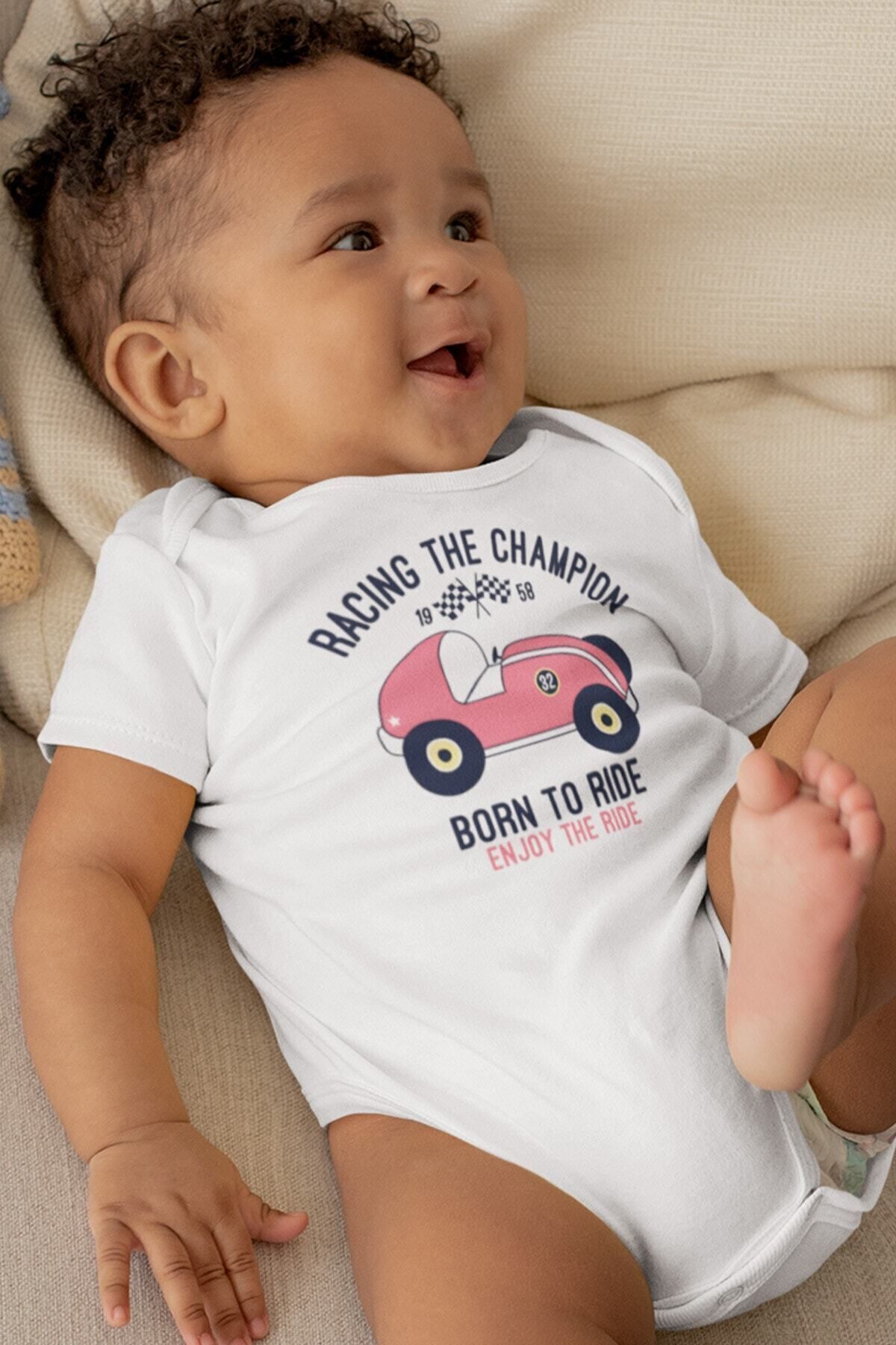 Organik %100 Pamuk Racing Araba Baskılı Kısa Kollu Çıtçıtlı Bebek Body Badi Zıbın Tulum 5451