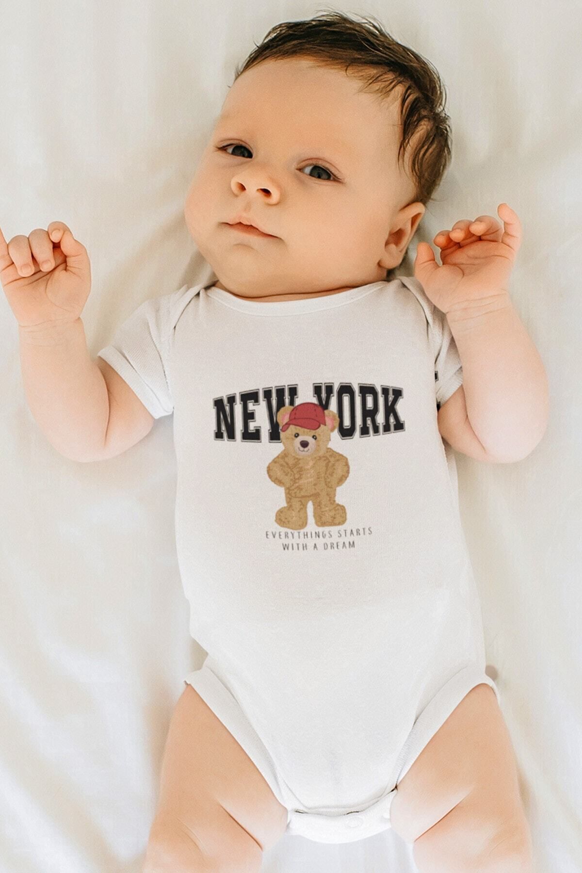  بادی نوزادی طرح خرس تدی نیویورکی، ۱۰۰٪ پنبه ارگانیک، آستین کوتاه، دکمه‌دار، کد ۵۴۰۹
