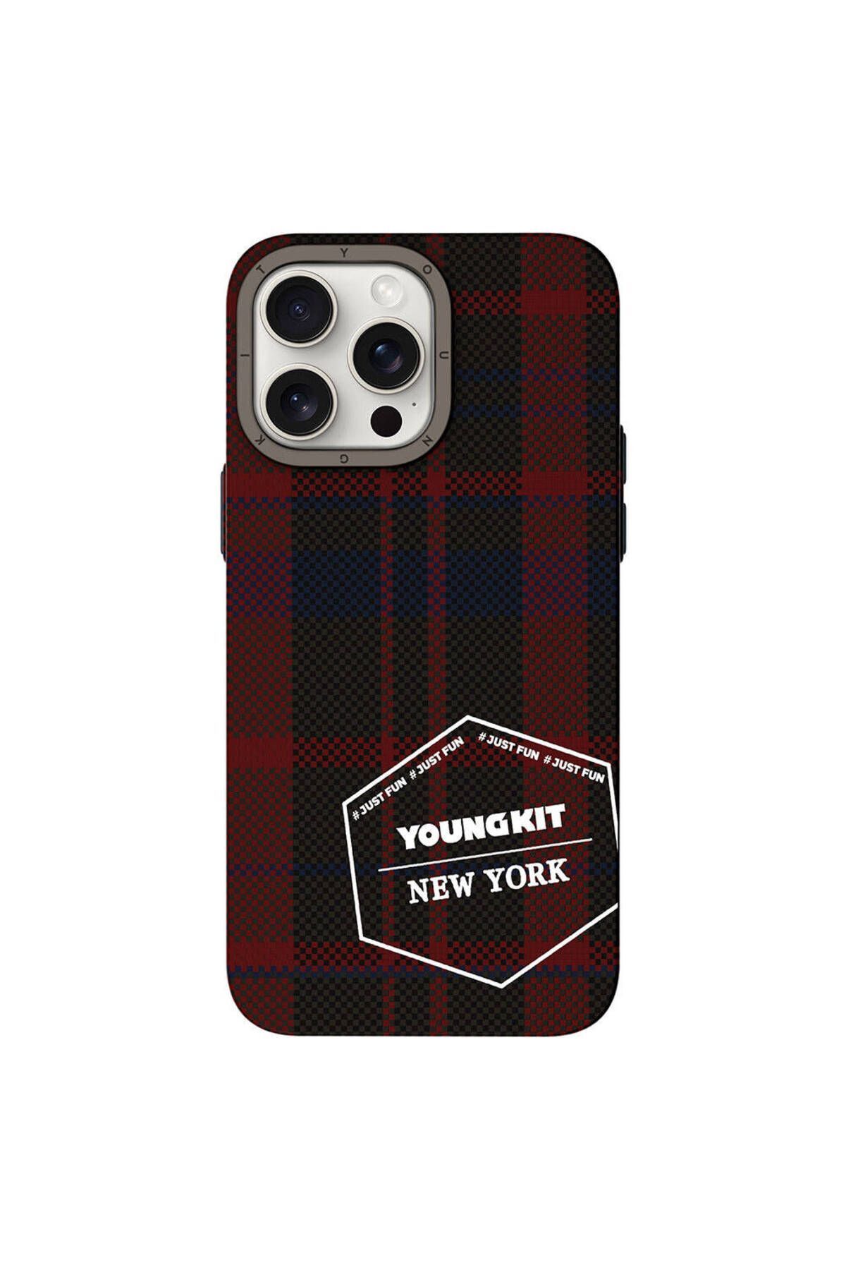 iPhone 15 Pro Kılıf Ekose Desenli Youngkit Gezhi Serisi Kılıf- Kırmızı