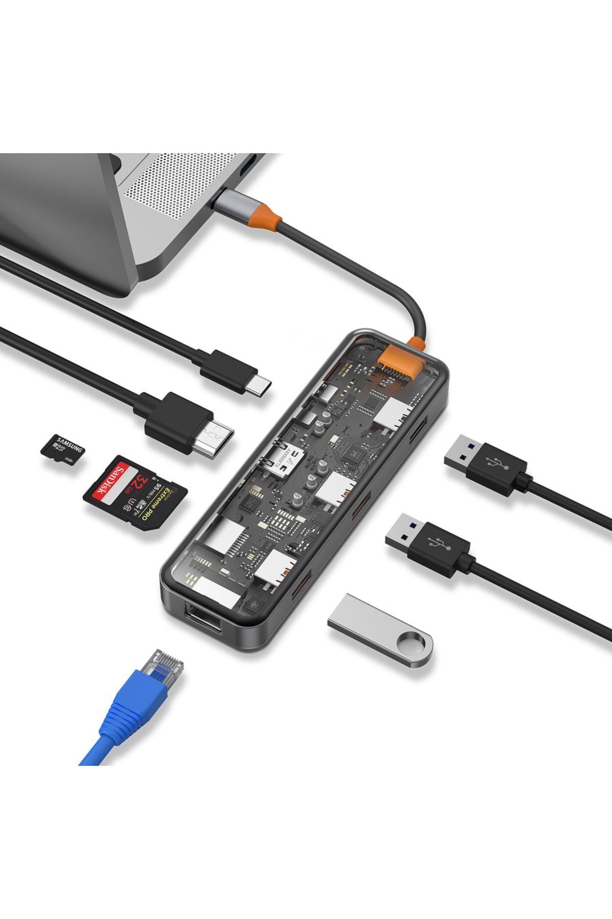 WIWU-Cb008 Cyber 8 In 1 Type-C Compatible 100w Charging Supported Transparent Appearance SD Card-rj45-hdmi-usb Copier 3