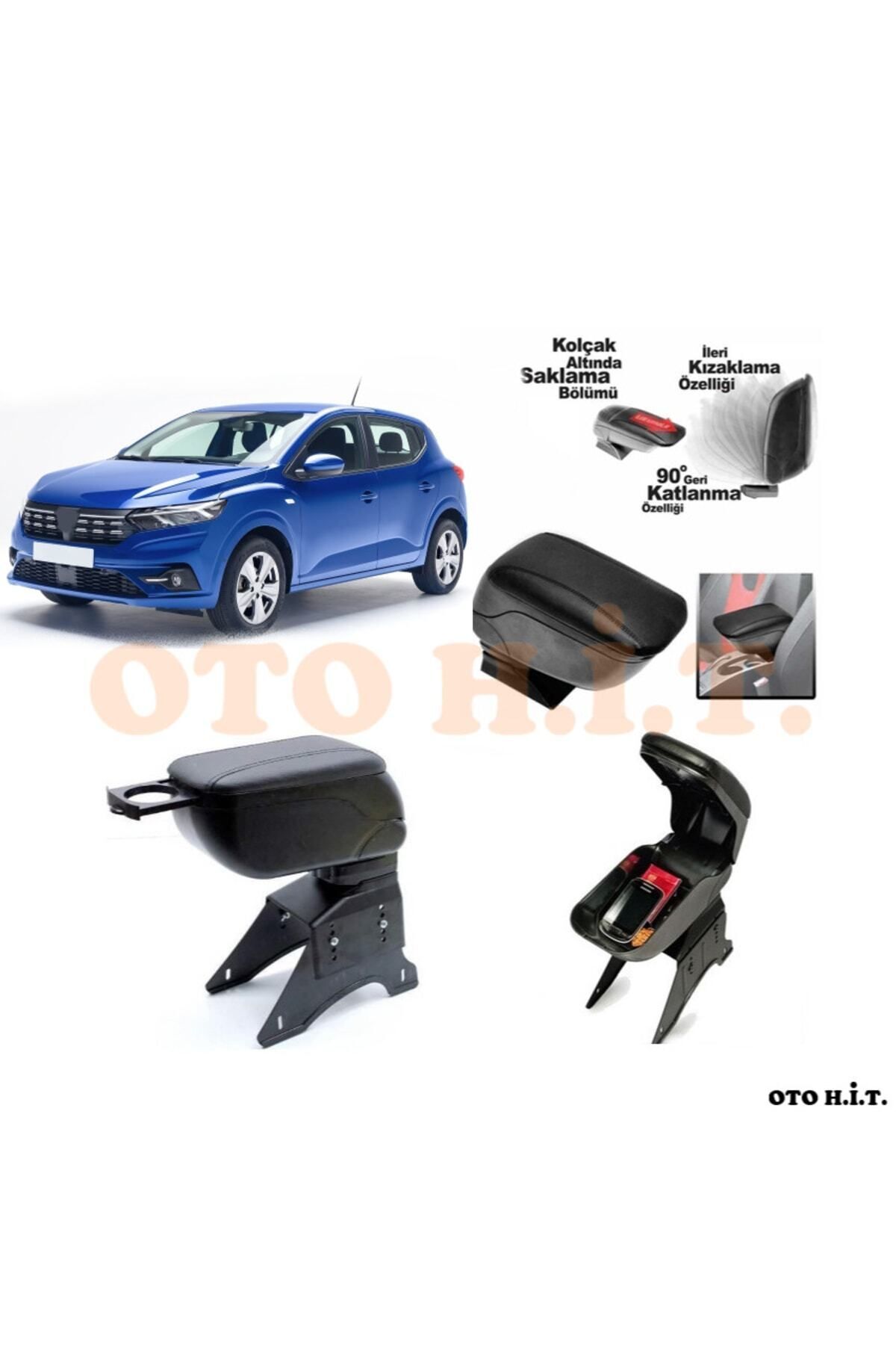 OTO H.İ.T. Dacia Sandero 2021 Üzeri Uyumlu Kol Dayama Ve Kolçak Sürgülü Bardaklıklı Ayarlanabilir Siyah Deri