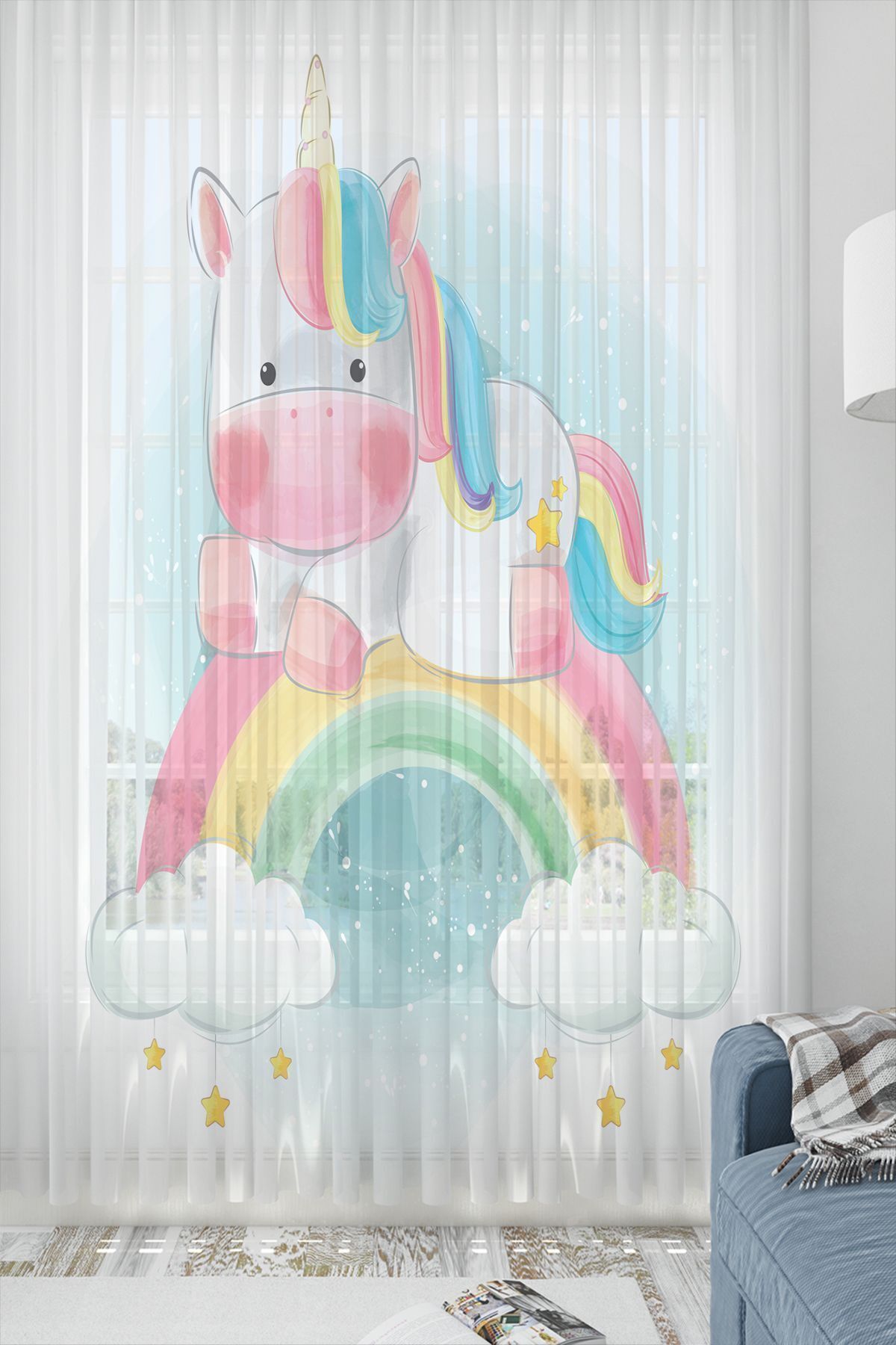 Else Dekor Perdele Din Tul Cu O Singură Aripă Cu Model Unicorn - Curcubeu Colorat, Cameră Decorativă Pentru Copii - 140 x 260