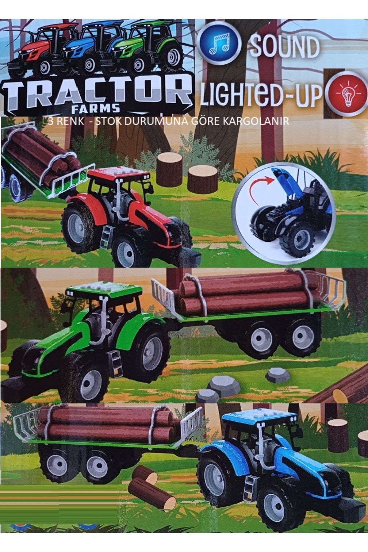 Römorklu Traktör ışıklı Ve 3 Sesli Orman Oyuncakları Çiftlik Odun Taşıyıcı Motor Kapağı Açılır 42cm