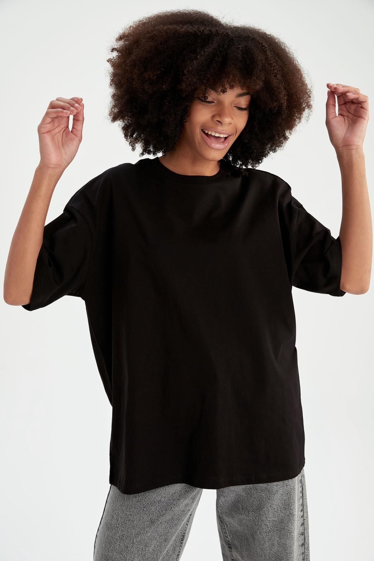 Oversize Fit Bisiklet Yaka Kısa Kollu %100 Pamuk Tişört V4136az22sp