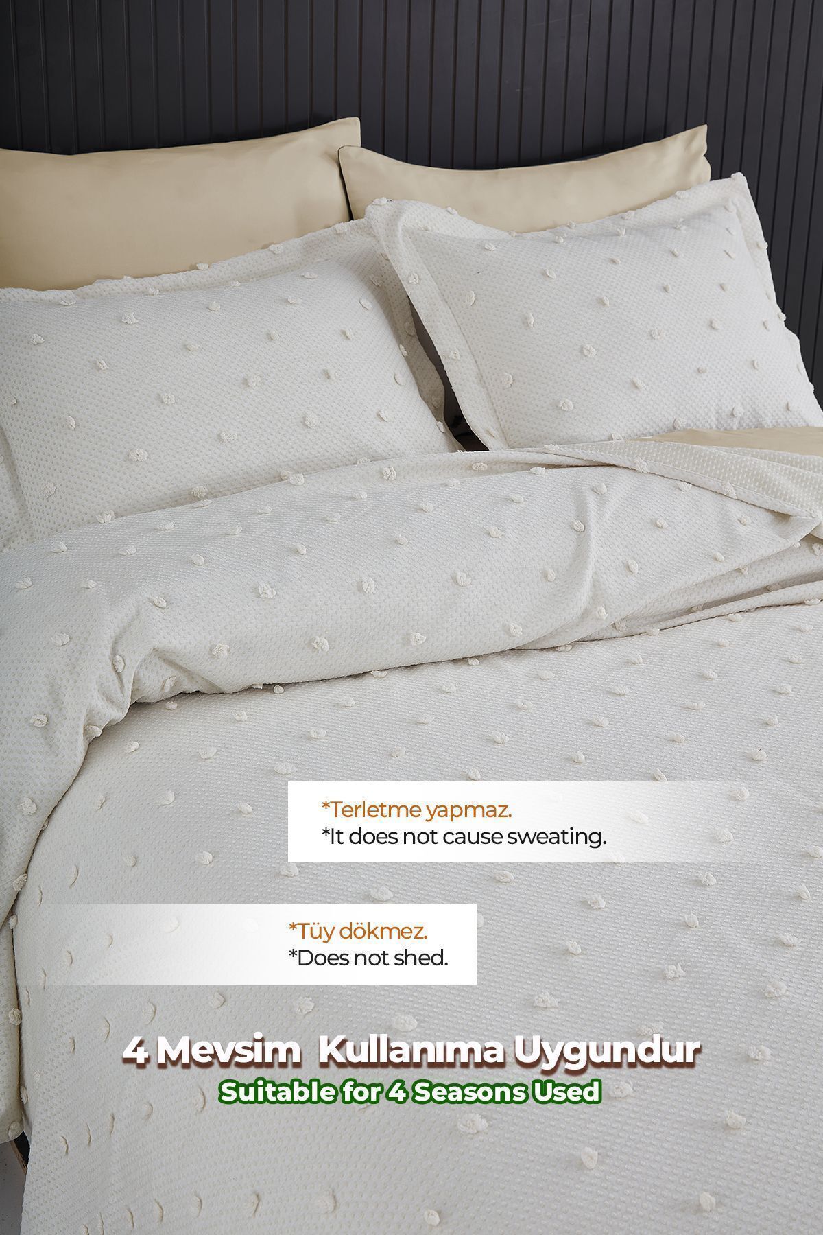 Evlen Home Collection Ash Pike Takımı ( Yatak Örtüsü ) Seti Tek Kişilik Pamuklu 2 Parça Yumuşak Günlük Kırık Beyaz Krem 4