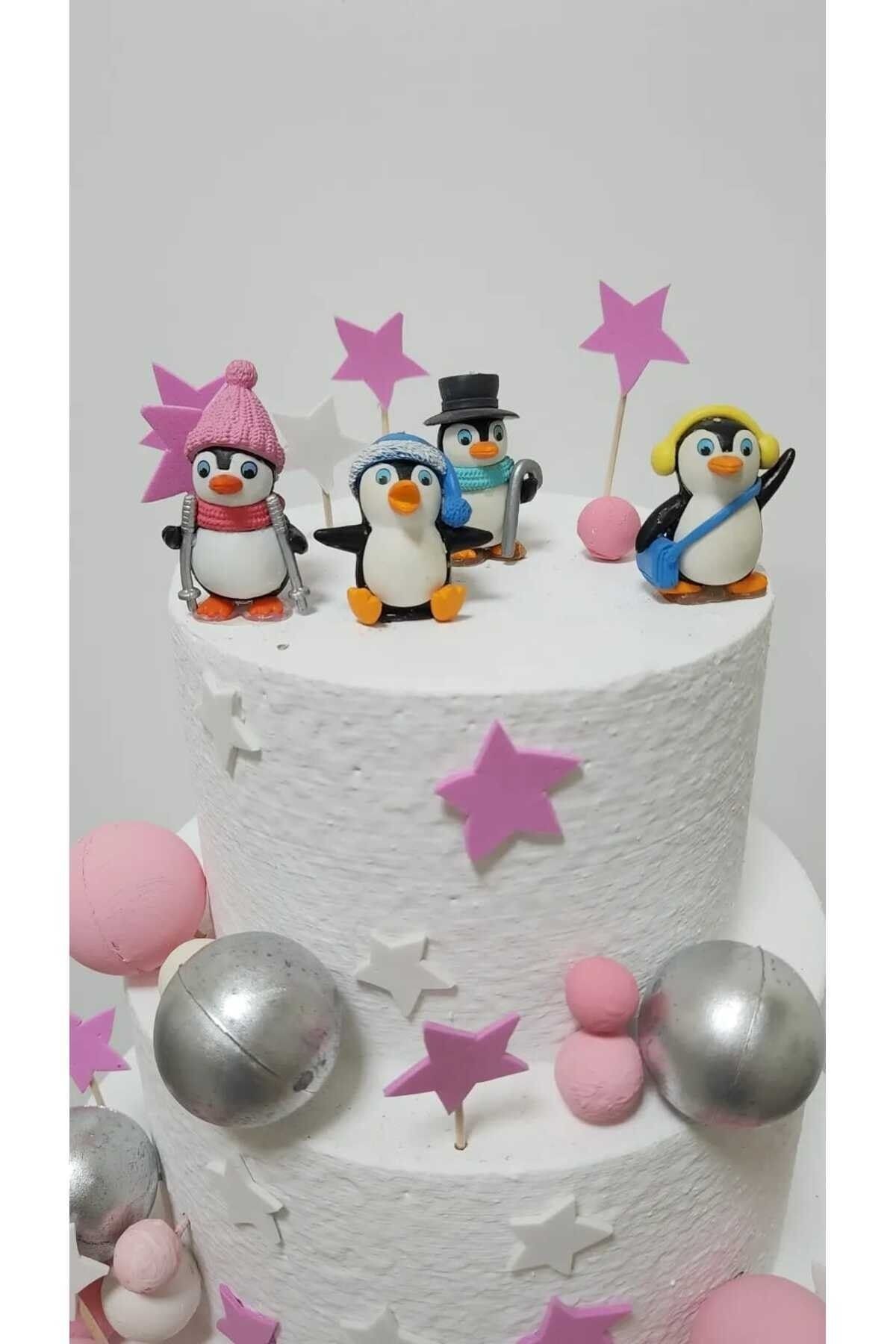 Penguenler 4 Parça Maket Kürdanlı Cupcake Pasta Süsü Doğum Günü Süsleri Pasta Kürdanı