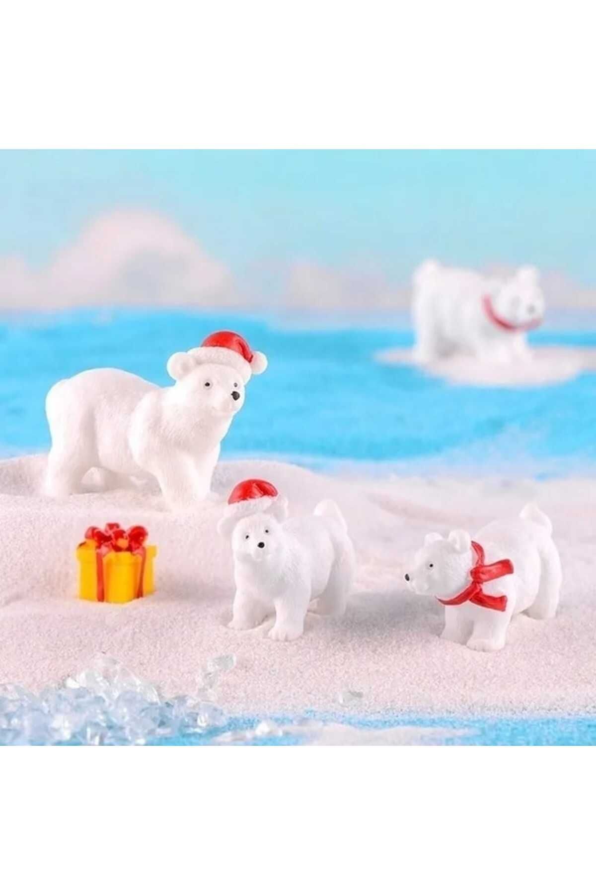 4'lü Noel Kutup Ayısı Yılbaşı Teraryum Objeleri Teraryum Diorama Malzemeleri Teraryum Süsleri Minyatür Obje