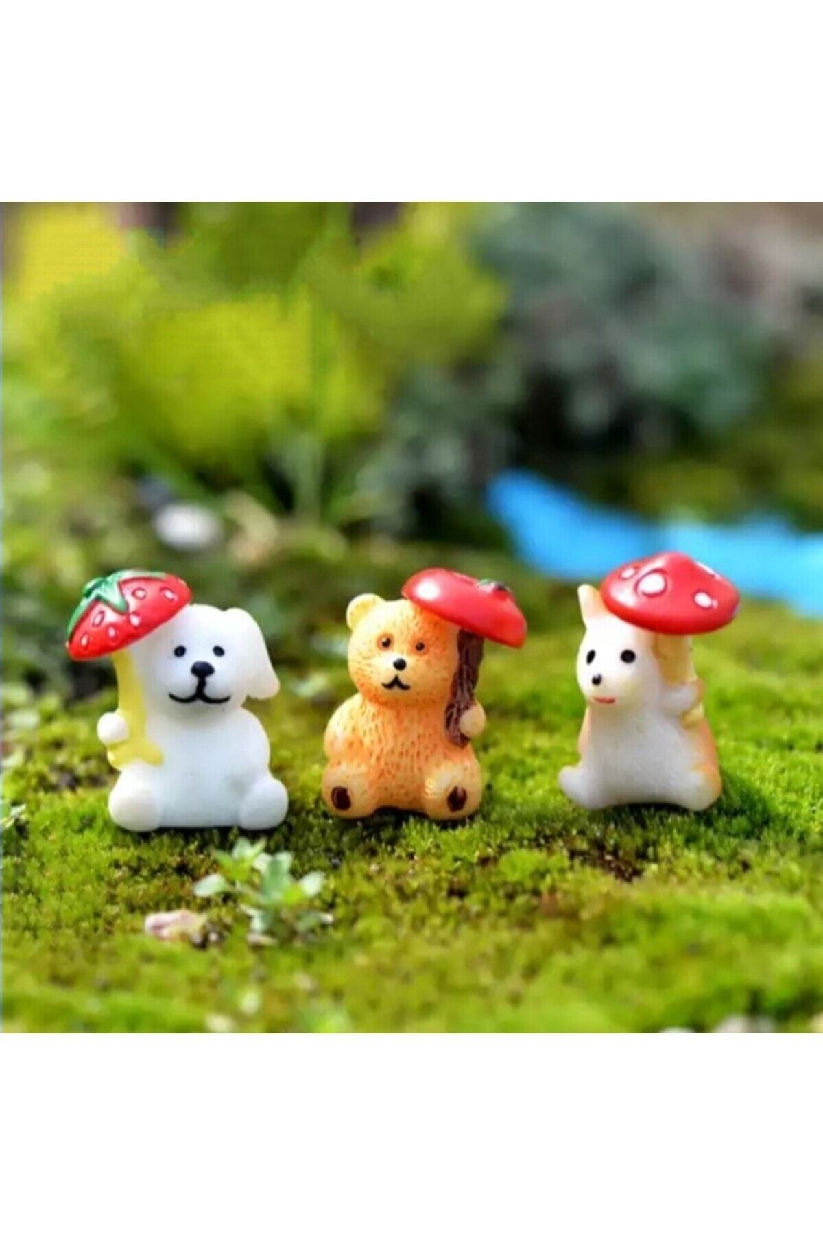 3'lü Mantarlı Hayvanlar Maket Kürdanlı Cupcake Pasta Süsü Doğum Günü Süsleri Kürdan Süsü