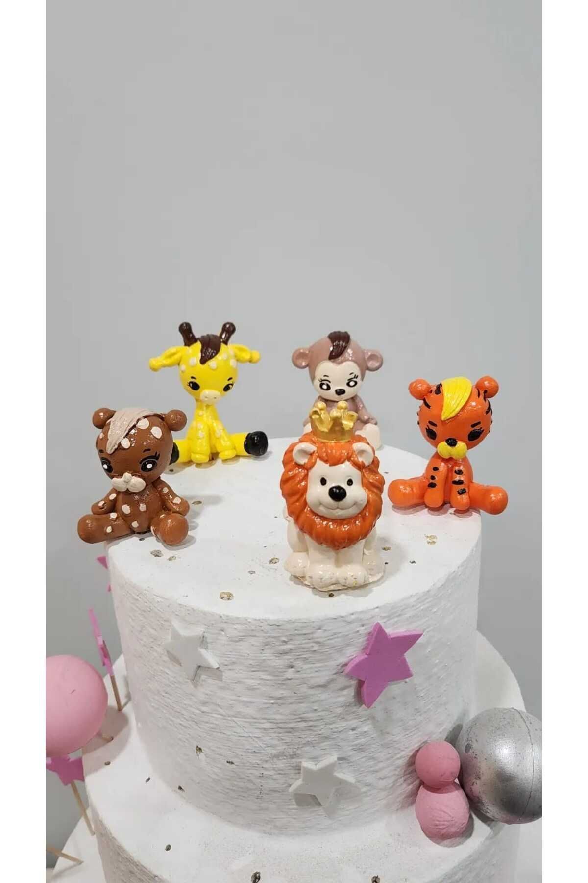 5'li Safari Hayvanlar Maket Kürdanlı Cupcake Pasta Süsü Doğum Günü Süsü Pasta Kürdanı Kürdan Süsü