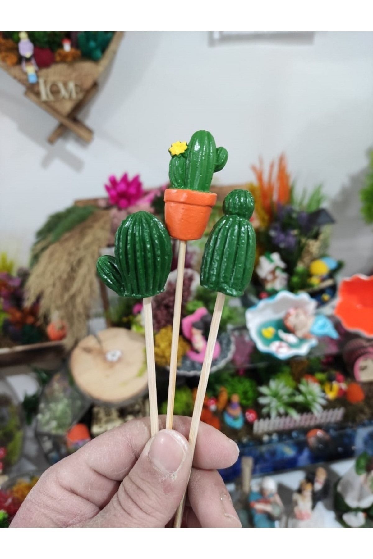 3'lü Kaktüs Maket Kürdanlı Cupcake Pasta Süsü Doğum Günü Süsleri Pasta Kürdanı Kürdan Süsü