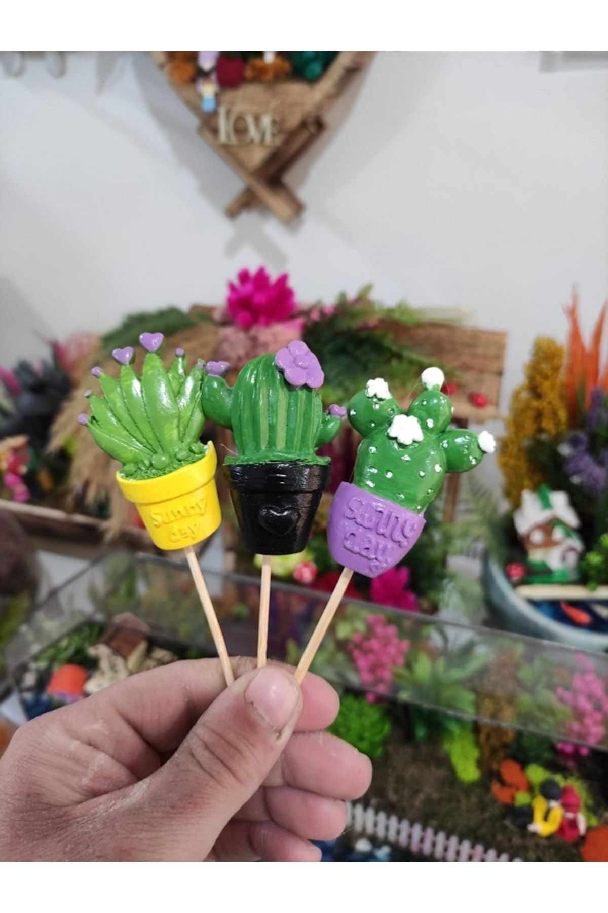 3'lü Kaktüs Maket Kürdanlı Cupcake Pasta Süsü Doğum Günü Süsleri Kürdan Süsü
