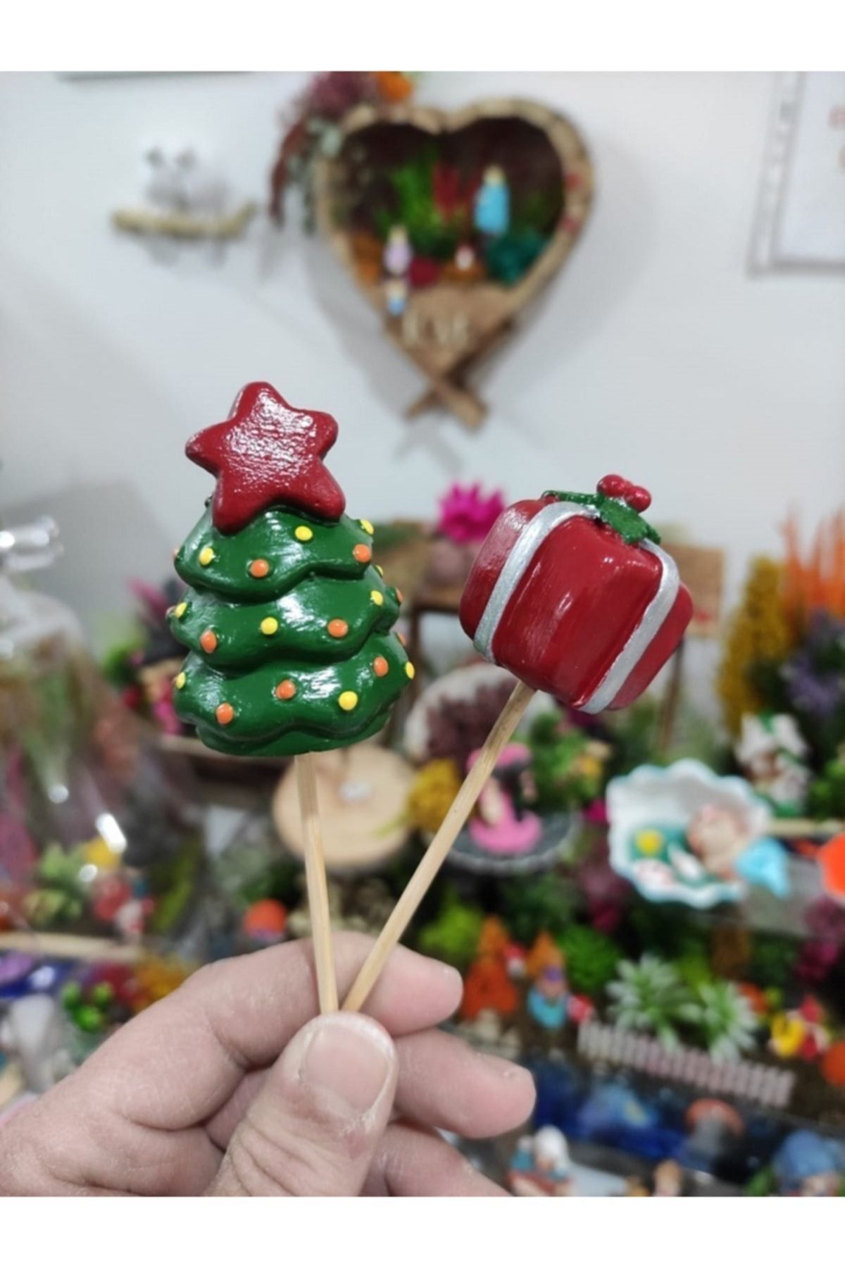 2'li Noel Yılbaşı Saksı Süsü Teraryum Obje Teraryum Diorama Malzemeleri Minyatür Obje