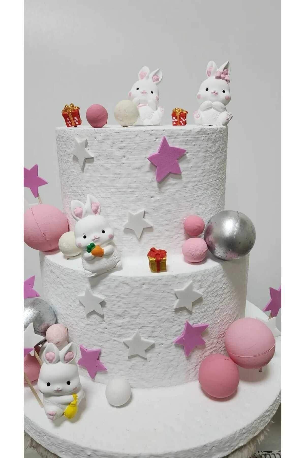 Sevimli Tavşanlar 4 Parça Maket Kürdanlı Cupcake Pasta Süsü Doğum Günü Süsleri