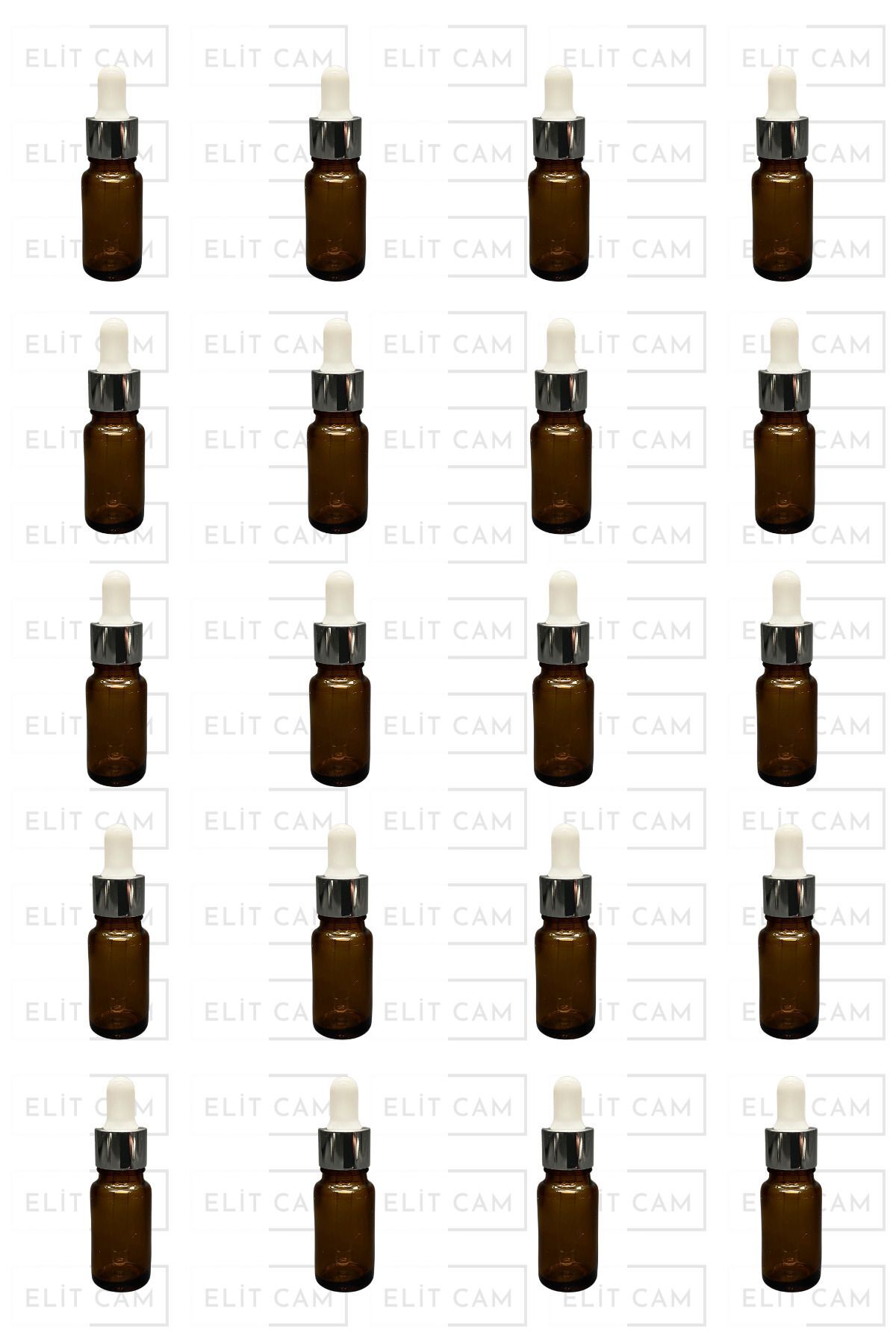 Elitcam 10 ML AMBER RENK CAM SERUM ŞİŞESİ - GÜMÜŞ METAL KAPAK - BEYAZ EMZİK  - 20 ADET