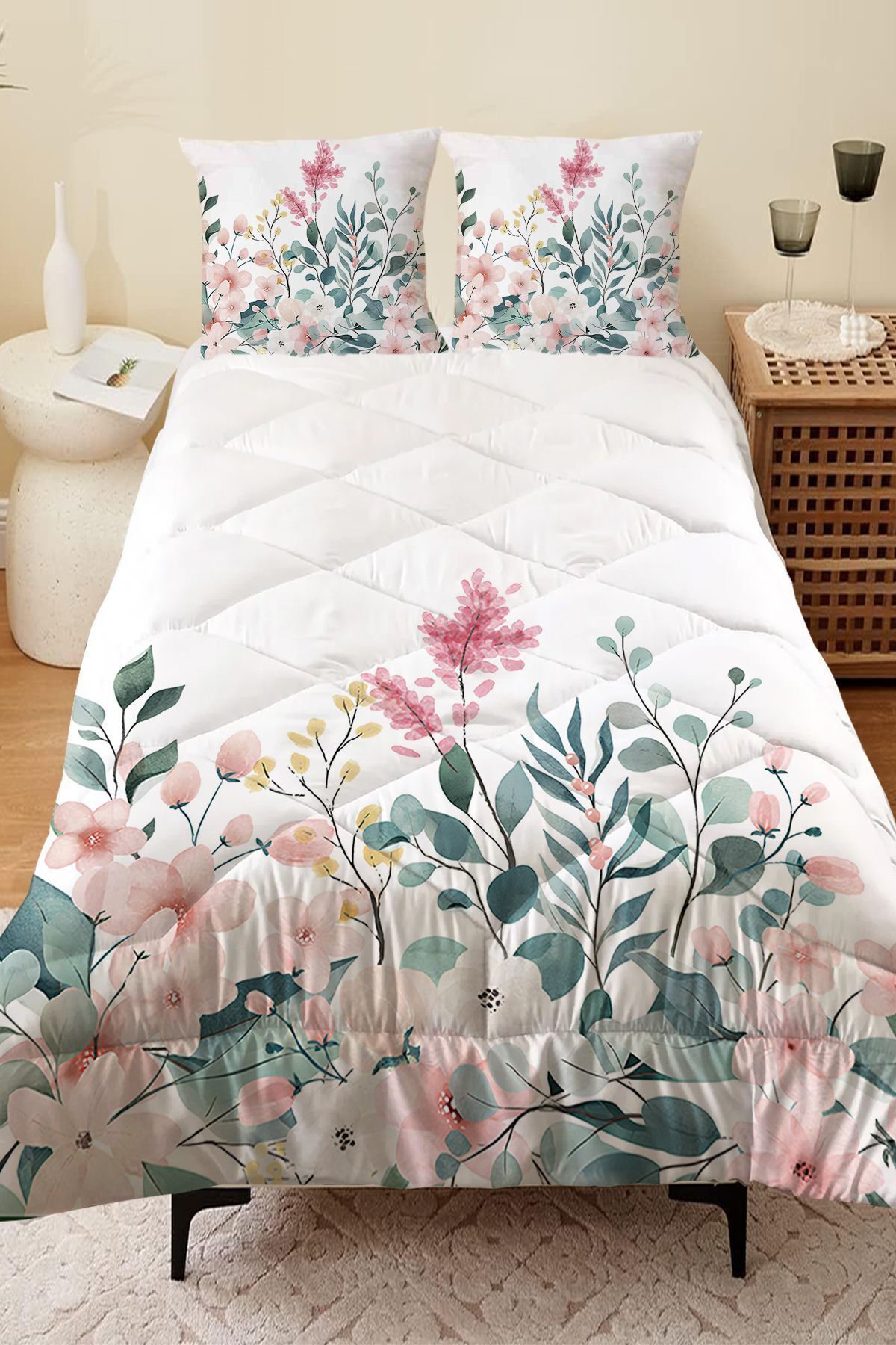 3D ELSE HALI-Double Person Microfiber Quilted - Colorful Flower Pattern Sleeping Set 1