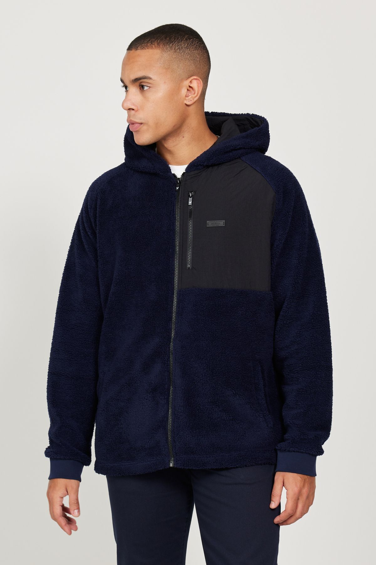 AC&Co / Altınyıldız Classics Erkek Lacivert Oversize Bol Kesim Kapüşonlu Sherpa Polar Sweatshirt Ceket görsel 3