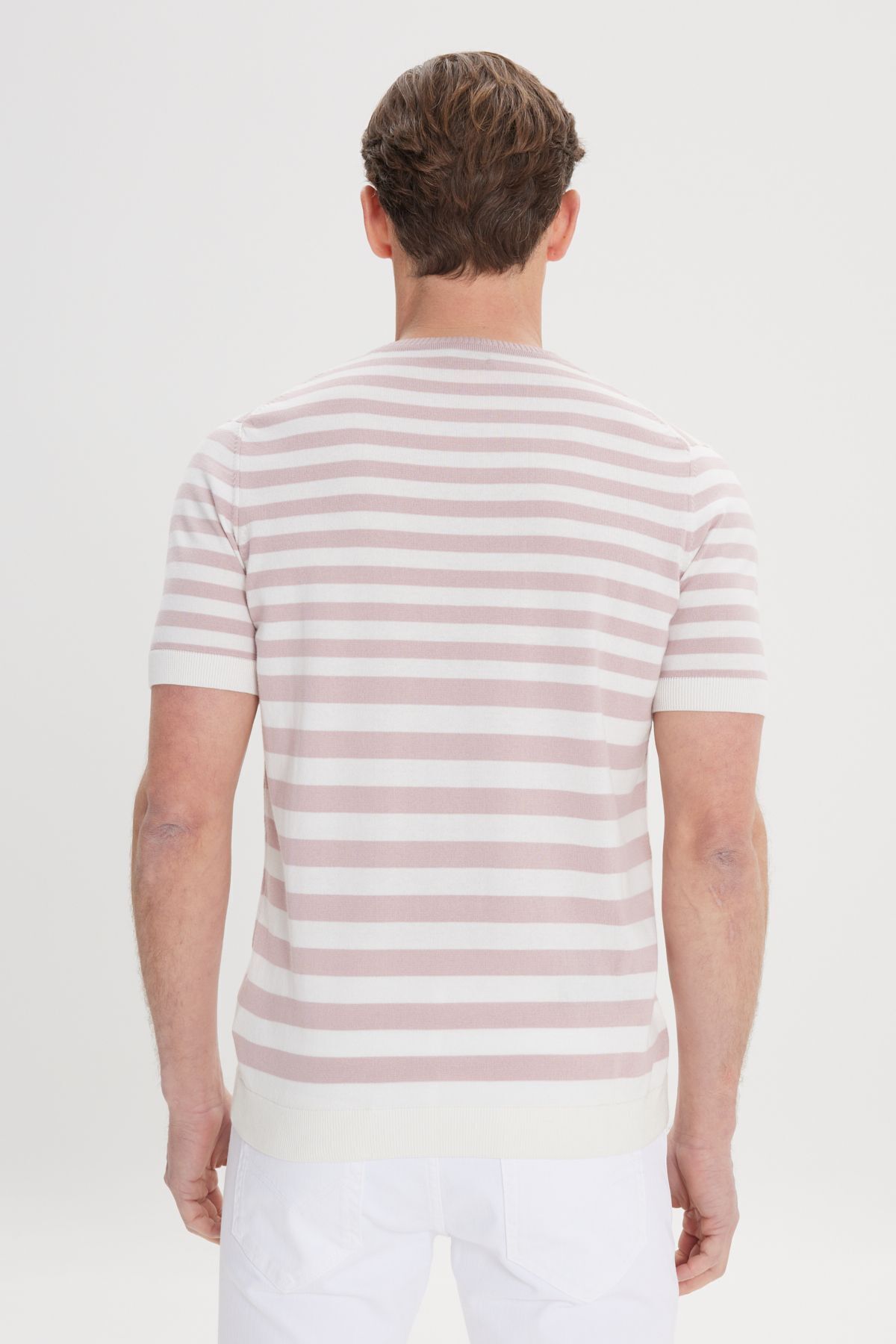 AC&Co / Altınyıldız Classics-Tricou pentru bărbați Dusty Rose-Ecru Slim Fit, 100% bumbac, cu dungi 5