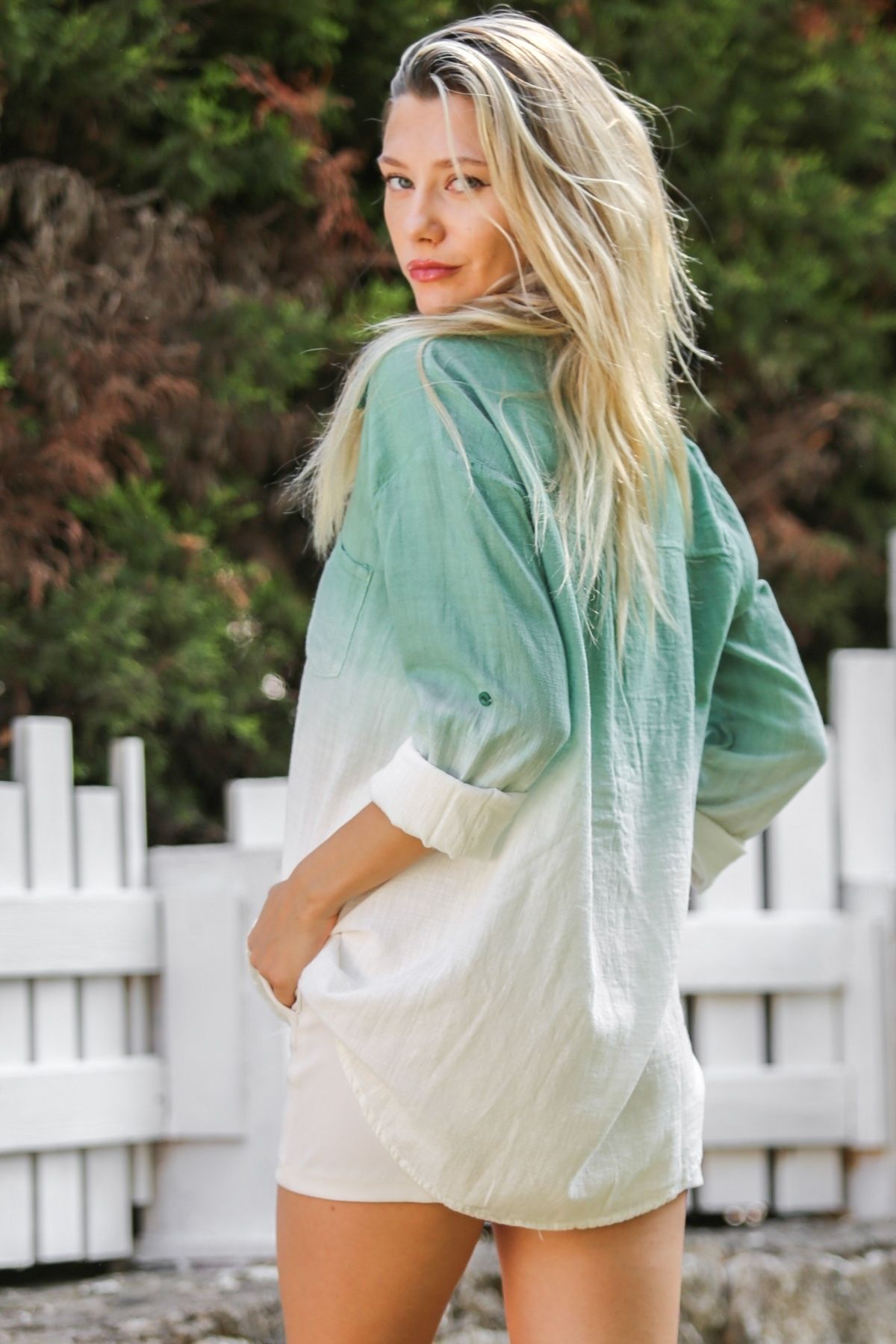 Chiccy-Pastel Green Buttoned Shirt Collar Long Sleeve Washed Casual Blouse 8