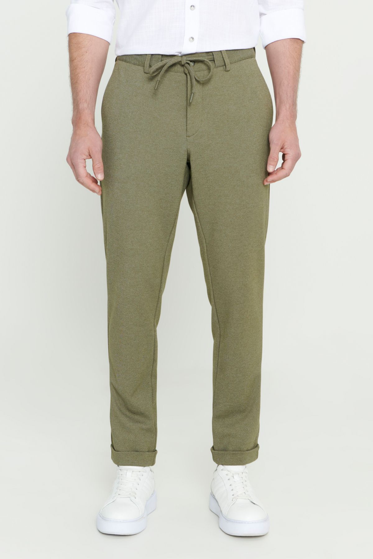 Erkek Haki Slim Fit Dar Kesim Beli Bağlamalı Esnek Pantolon