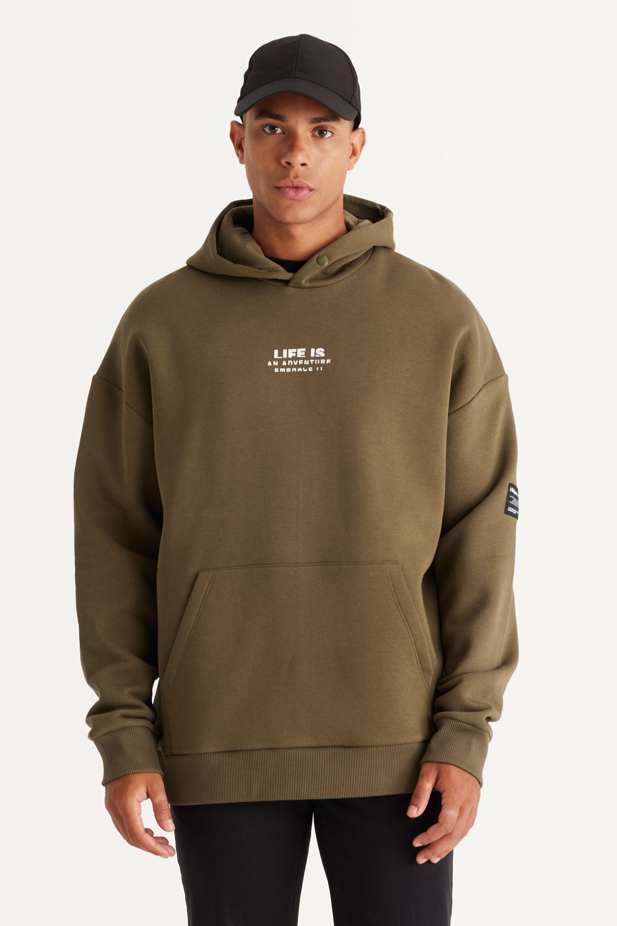 AC&Co / Altınyıldız Classics Khakifarbenes Sweatshirt Mit Oversize-passform Und Lockerem Schnitt, Kapuze, Fleece-innenseite, 3-fädige Baumwolle für