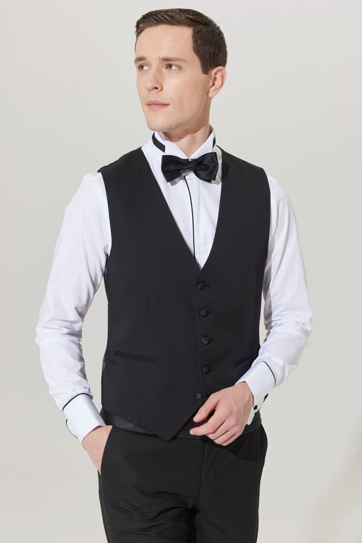ALTINYILDIZ CLASSICS-Men's Black Slim Fit Narrow Cut V-Neck Patterned Classic Vest 8