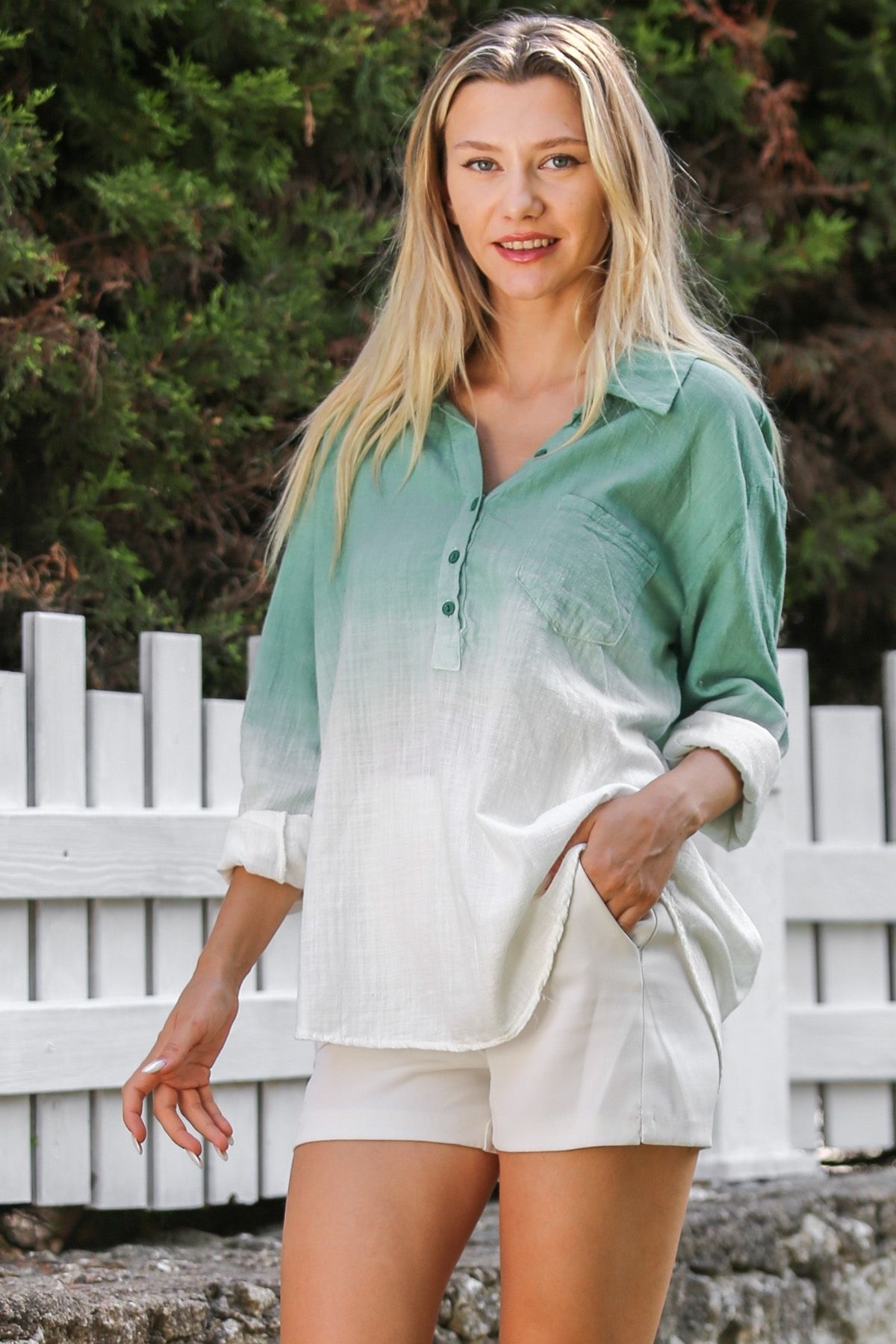 Chiccy-Pastel Green Buttoned Shirt Collar Long Sleeve Washed Casual Blouse 4