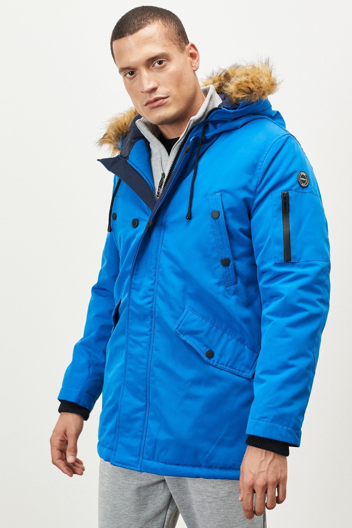 Erkek Mavi Standart Fit Normal Kesim Kapüşonlu Kaban