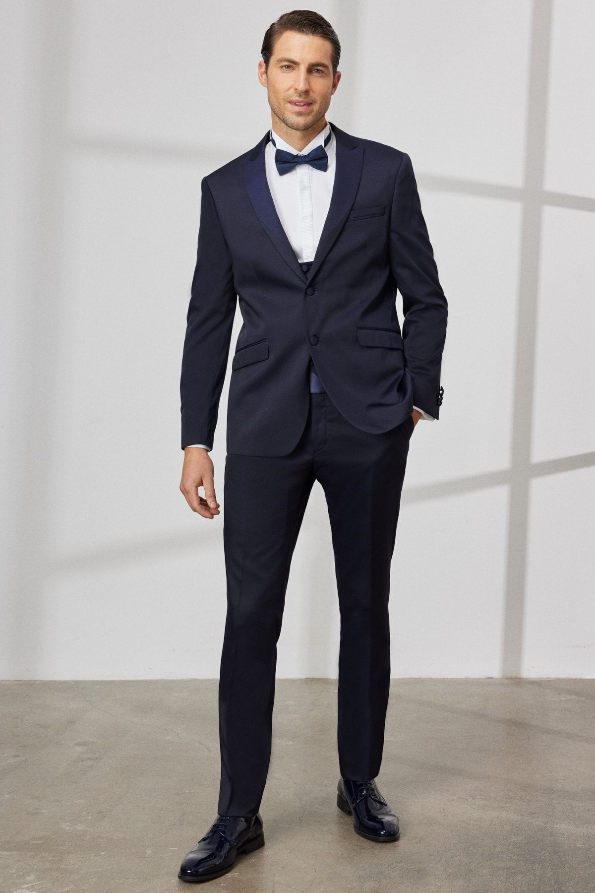 ALTINYILDIZ CLASSICS-Costum smoking pentru bărbați, albastru marin, slim fit, cu guler înghițit, cu vestă Dobby 2