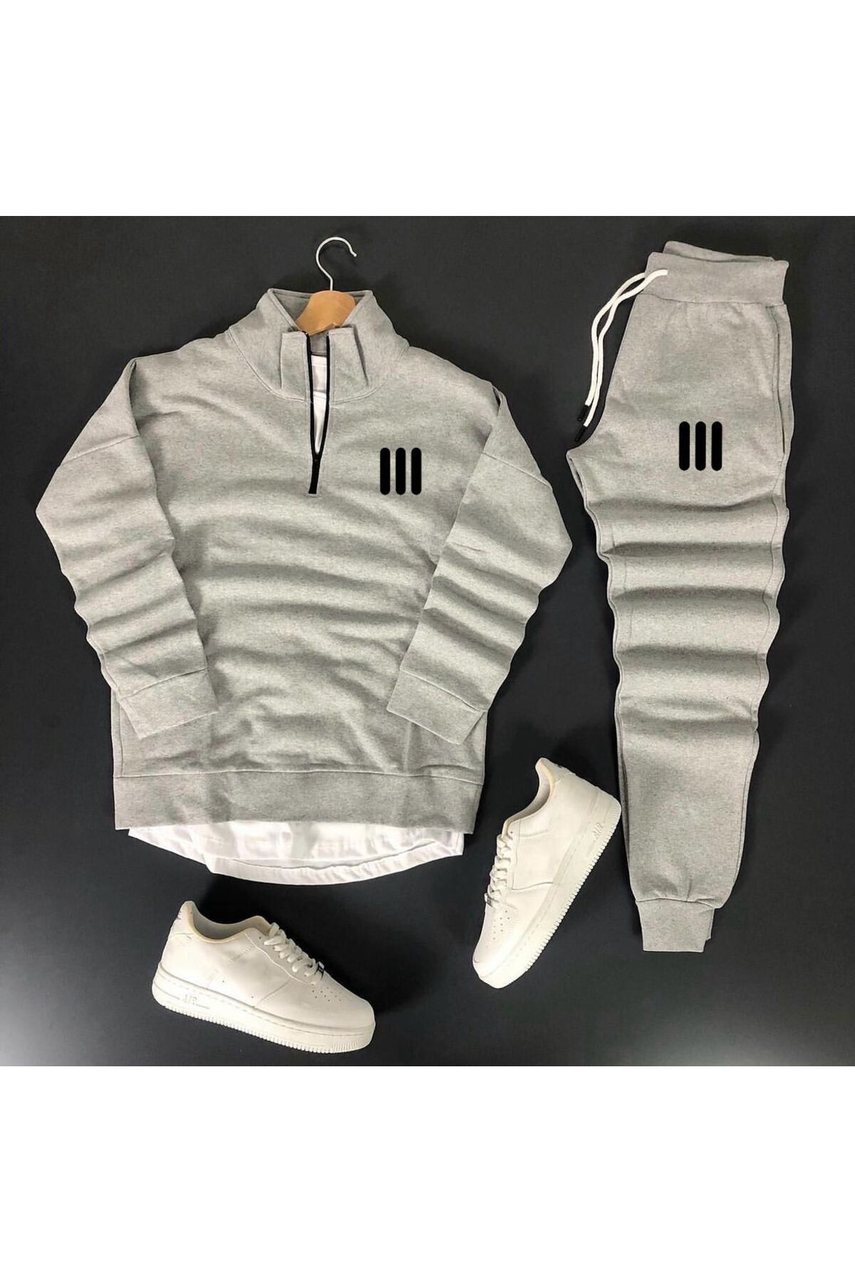 optimist sağdıç the original-Unisex Three Line Printed Half Zipper Sweatshirt-Sweatpants Set Combination 1