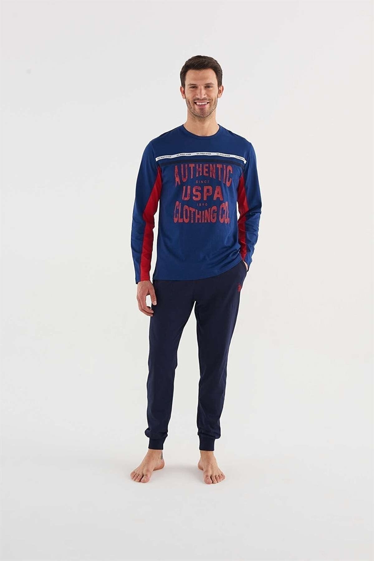 ست پیژامه آبی مردانه لباس خواب یقه گرد 18625 23k U.S. Polo Assn.