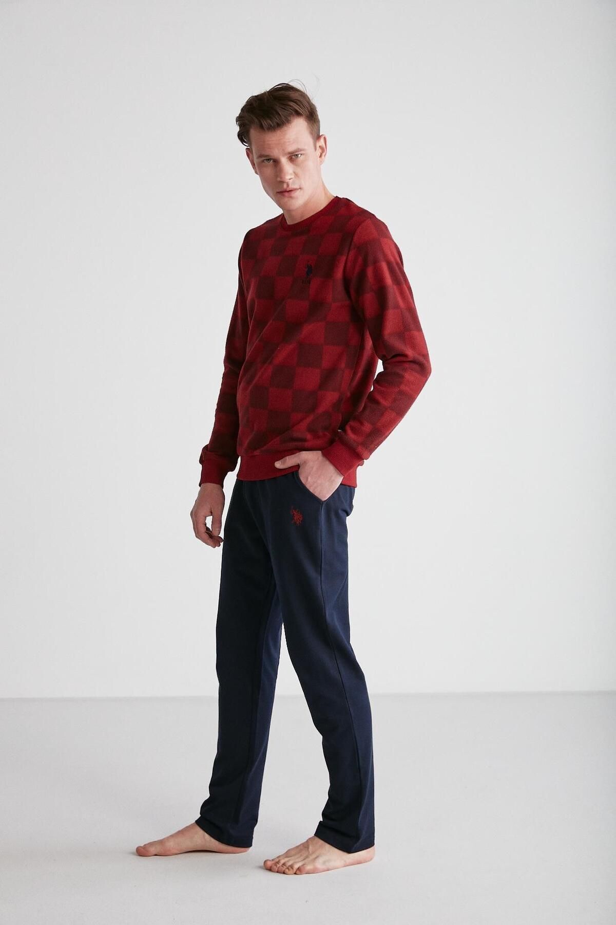 ست پیژامه چند رنگ مردانه لباس خواب یقه گرد بورگوندی U.S. Polo Assn.