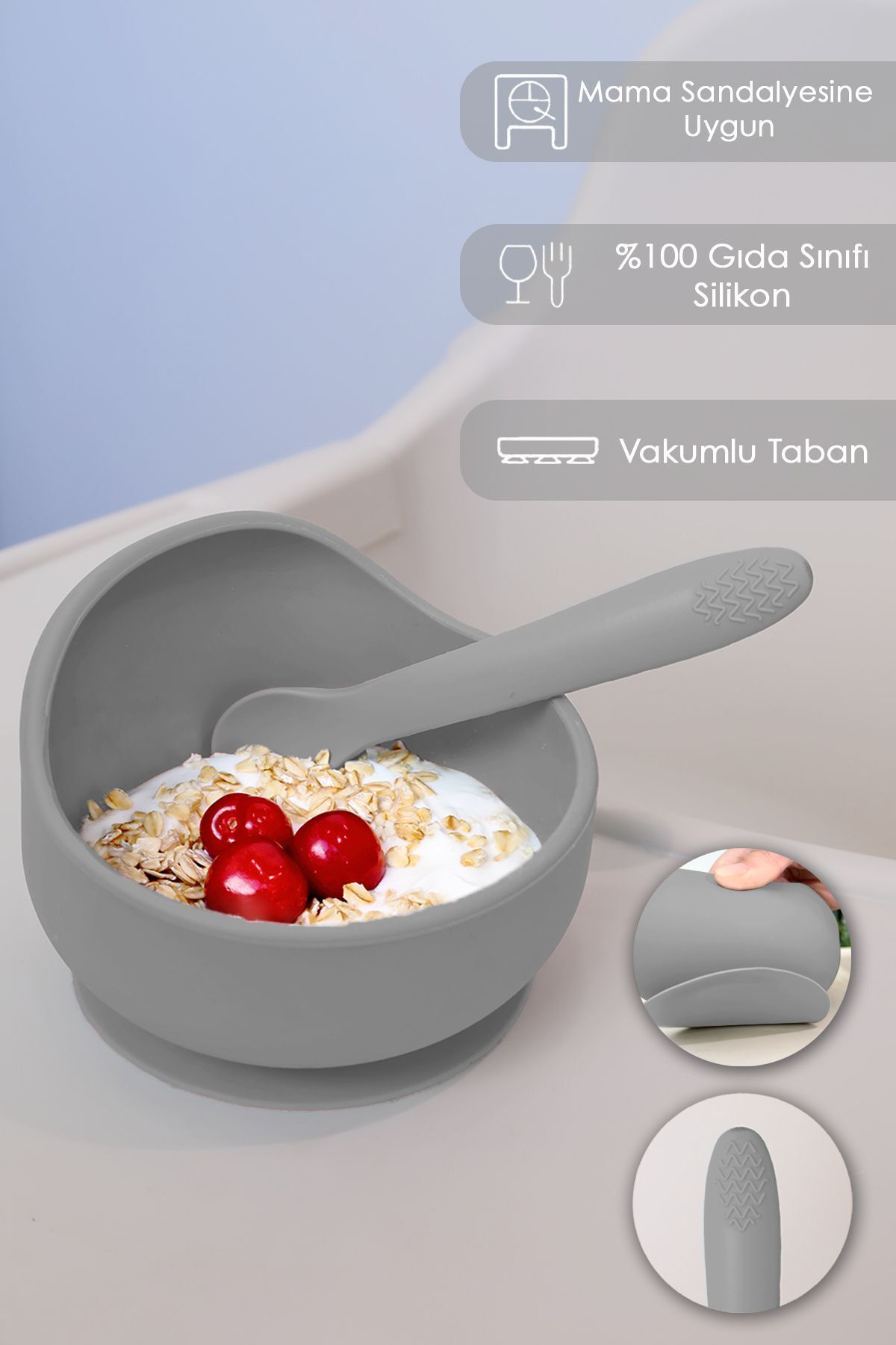 Meleni Baby 2'li Silikon Bebek Beslenme Seti - Vakumlu Mama Kasesi - Diş Kaşıyıcı Silikon Kaşık - Gri fotoğrafı 2 (önizleme)