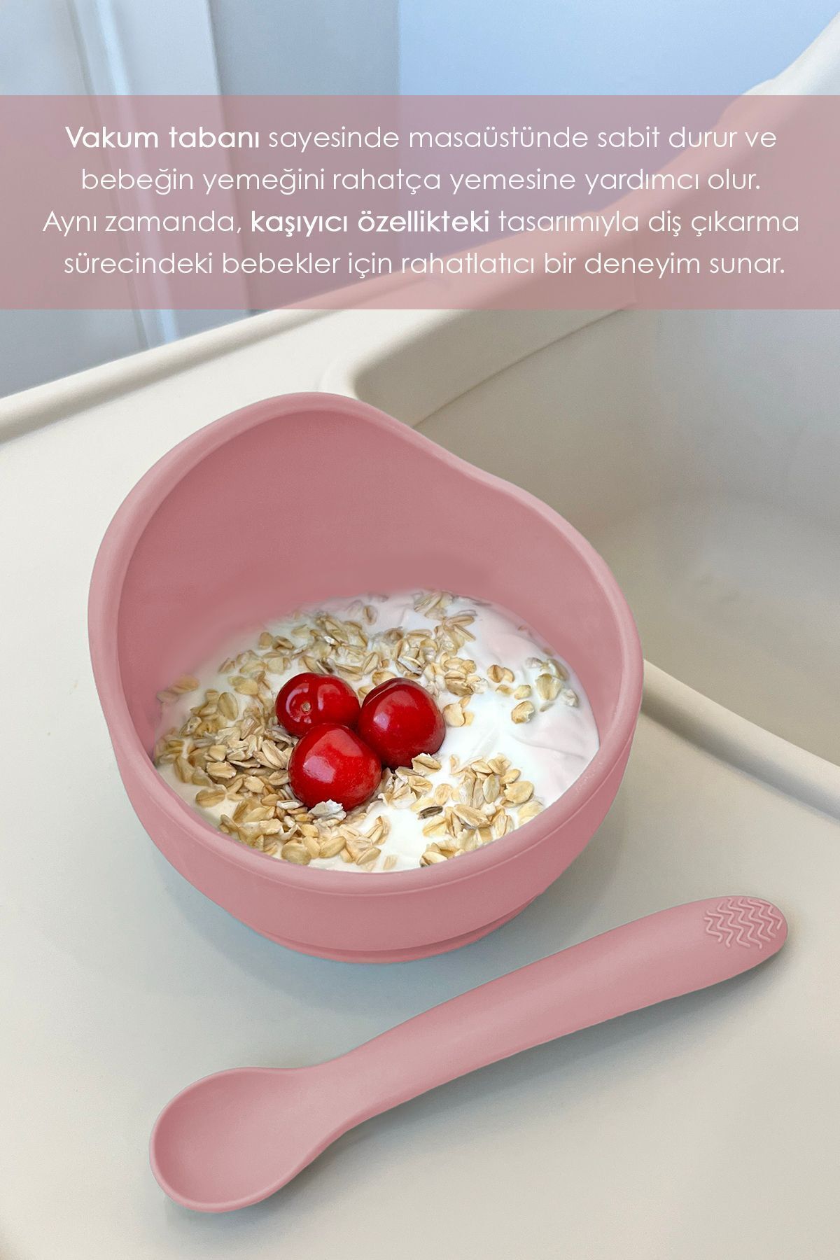 Meleni Baby 2'li Silikon Bebek Beslenme Seti - Vakumlu Mama Kasesi - Diş Kaşıyıcı Silikon Kaşık - Pembe fotoğrafı 4 (önizleme)