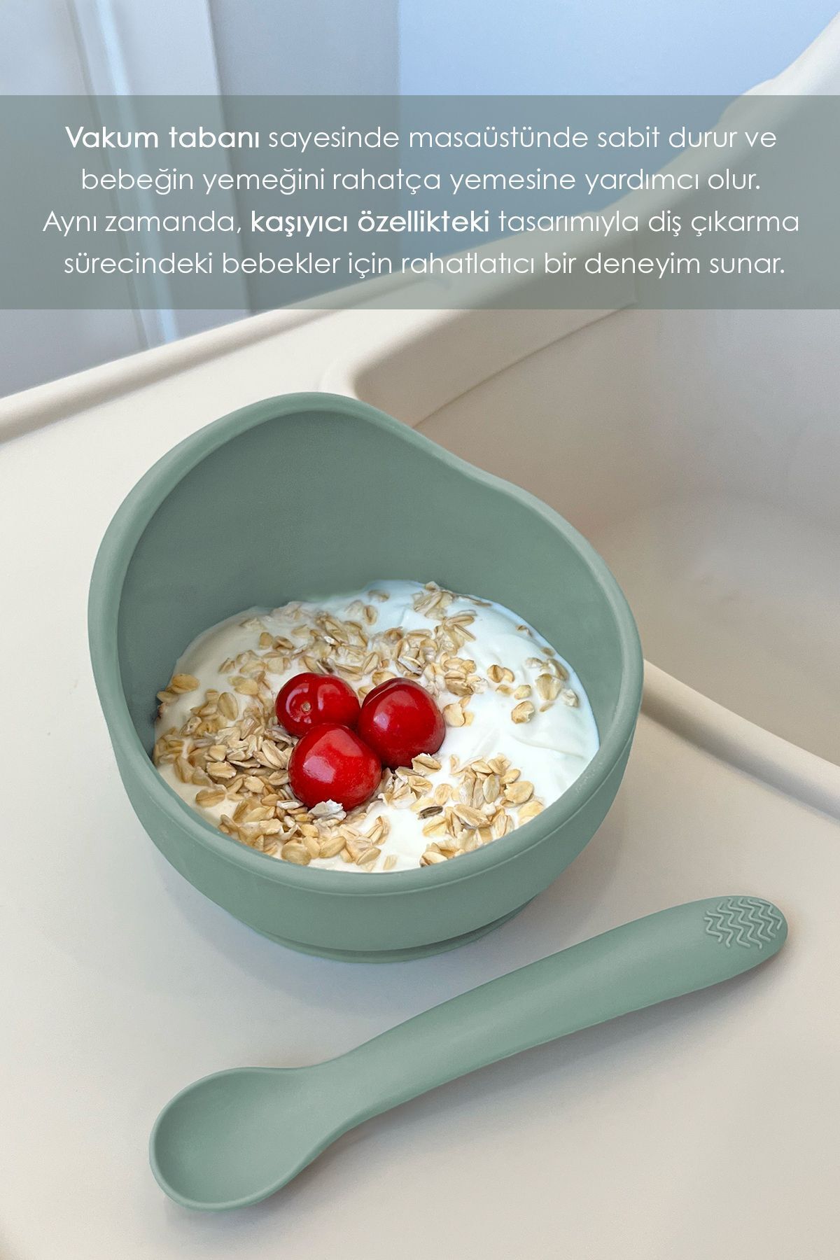 Meleni Baby 2'li Silikon Bebek Beslenme Seti - Vakumlu Mama Kasesi - Diş Kaşıyıcı Silikon Kaşık - Yeşil fotoğrafı 5 (önizleme)