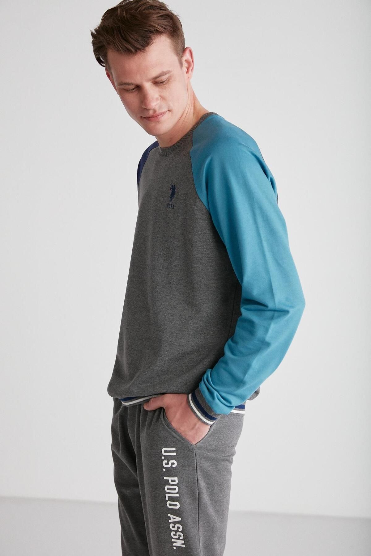 ست پیژامه خاکستری مردانه لباس خواب یقه گرد آنتراسیت ملانژ U.S. Polo Assn.